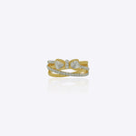 Gold bow ring with triple interlocking bands and shimmering stones in a tiered statement design.