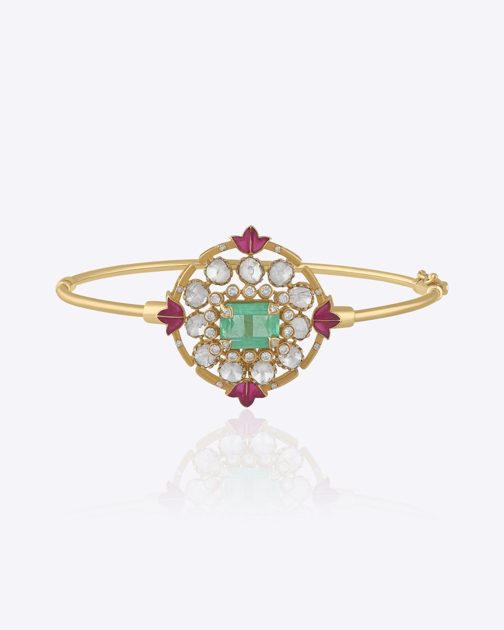 Aqua Legacy gold open bangle with geometric Polki motif, aqua gemstone centre and enamel detailing.