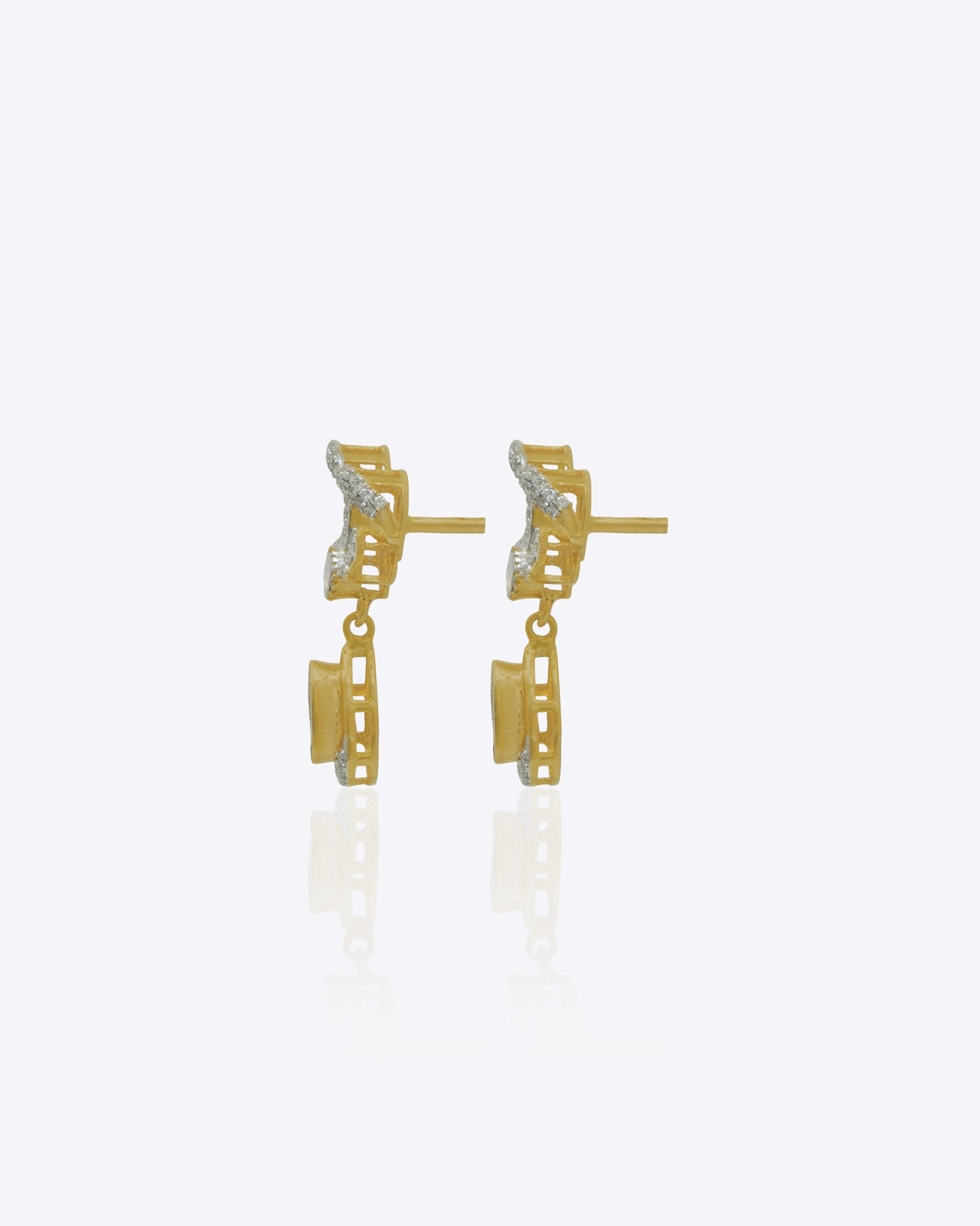 14K gold bow-motif drop earrings with a pear-shaped stone.