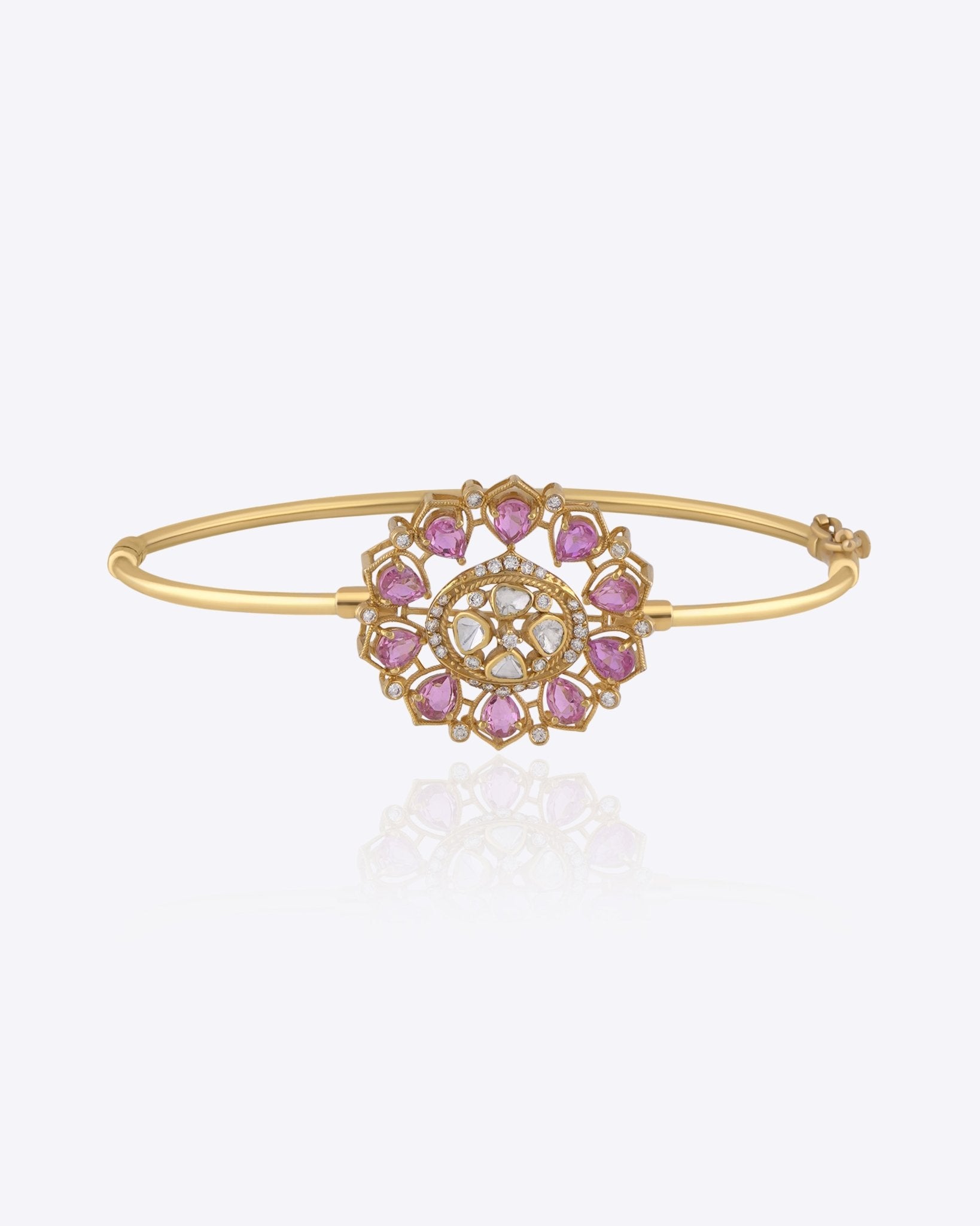 Sereia Fleur Bangle in gold with a Polki floral rosette and ruby-toned enamel detailing