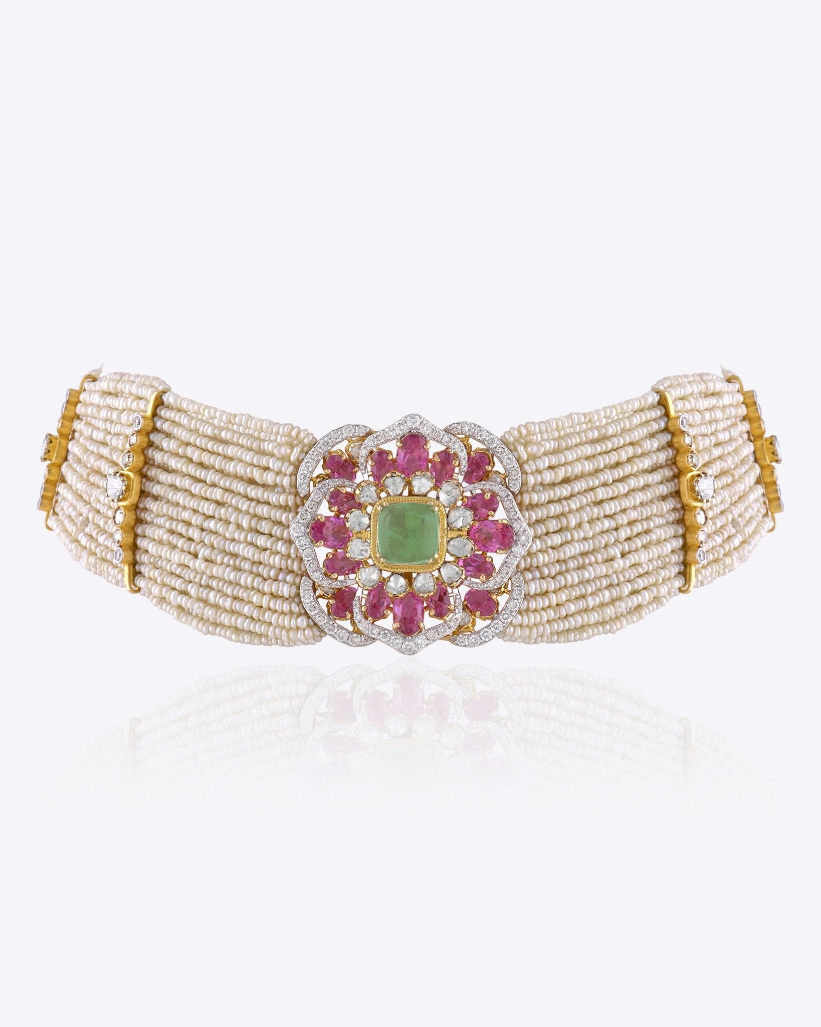 Rose Eclat Choker in gold with layered Polki rows and a ruby-emerald floral centrepiece