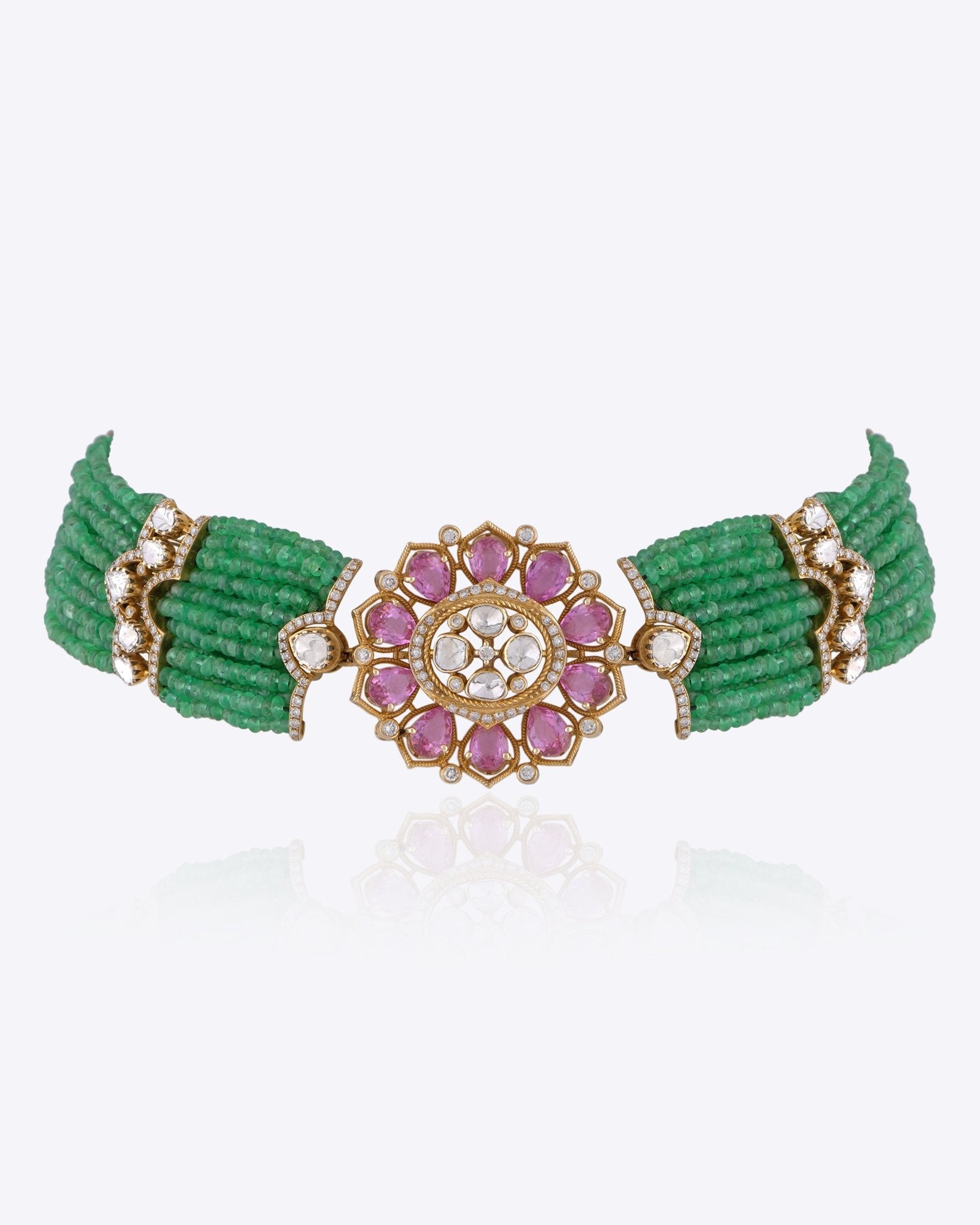Sereia Polki Choker in 14k gold with emerald beads and a Polki floral centrepiece