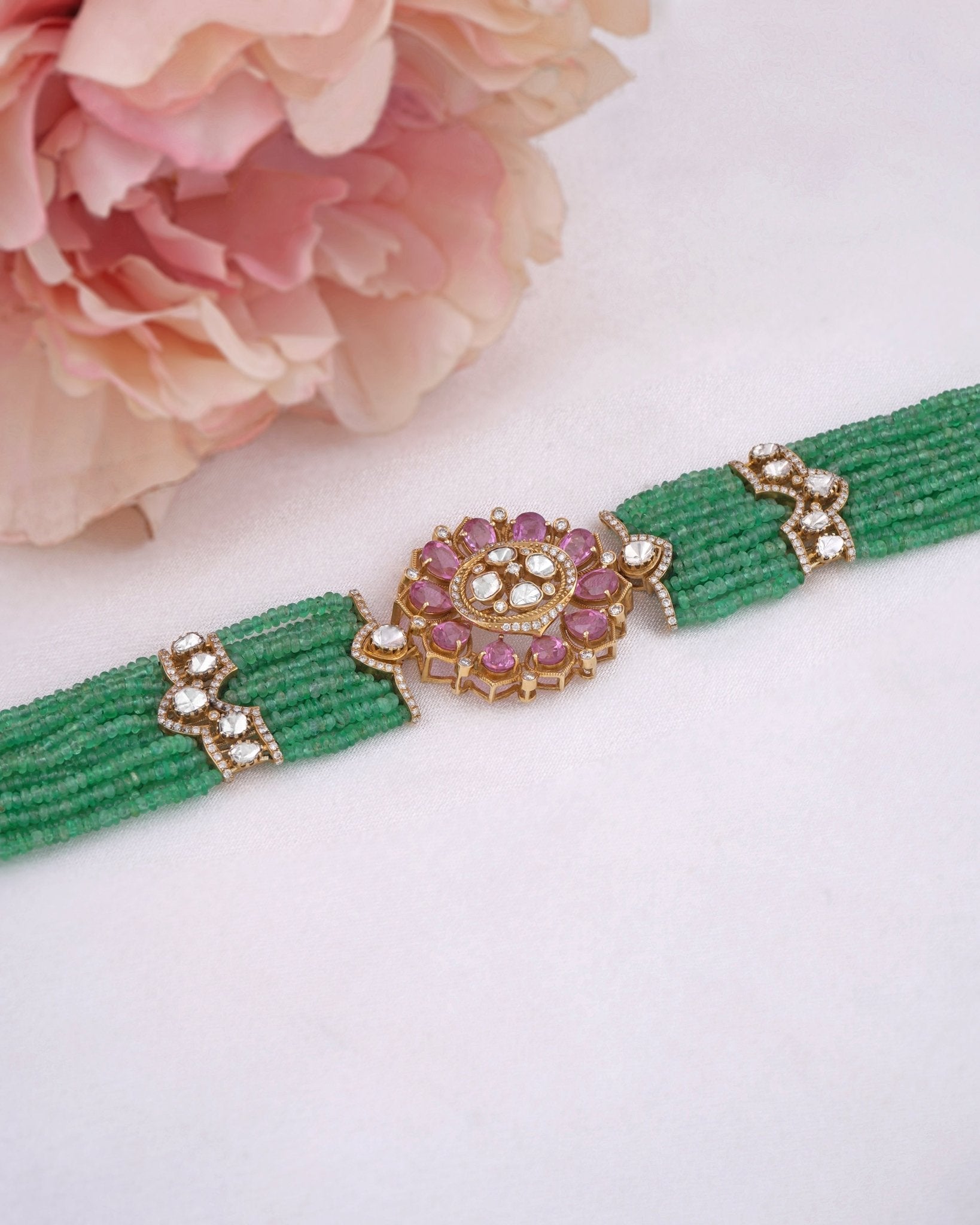 Sereia Polki Choker in 14k gold with emerald beads and a Polki floral centrepiece