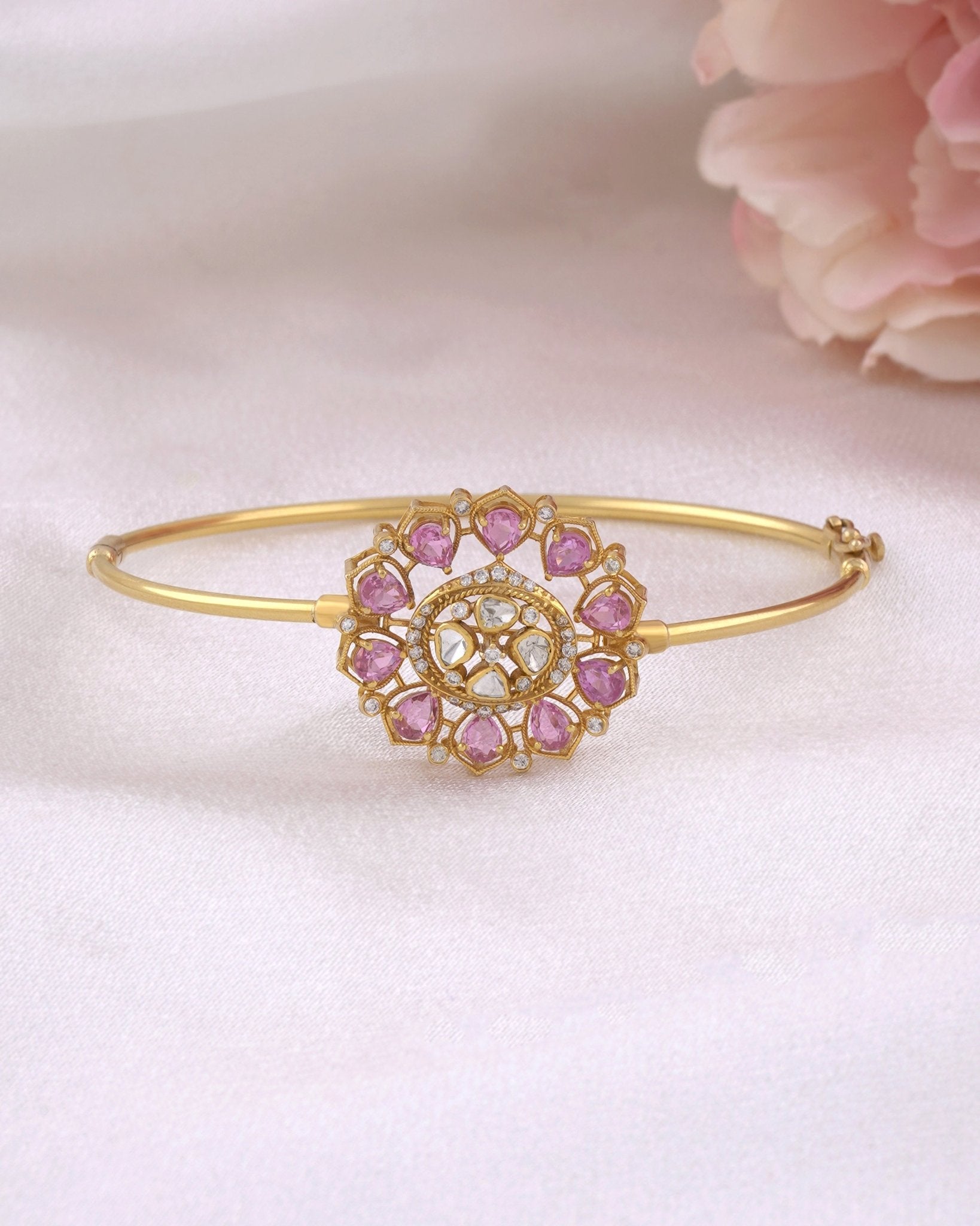 Sereia Fleur Bangle in gold with a Polki floral rosette and ruby-toned enamel detailing
