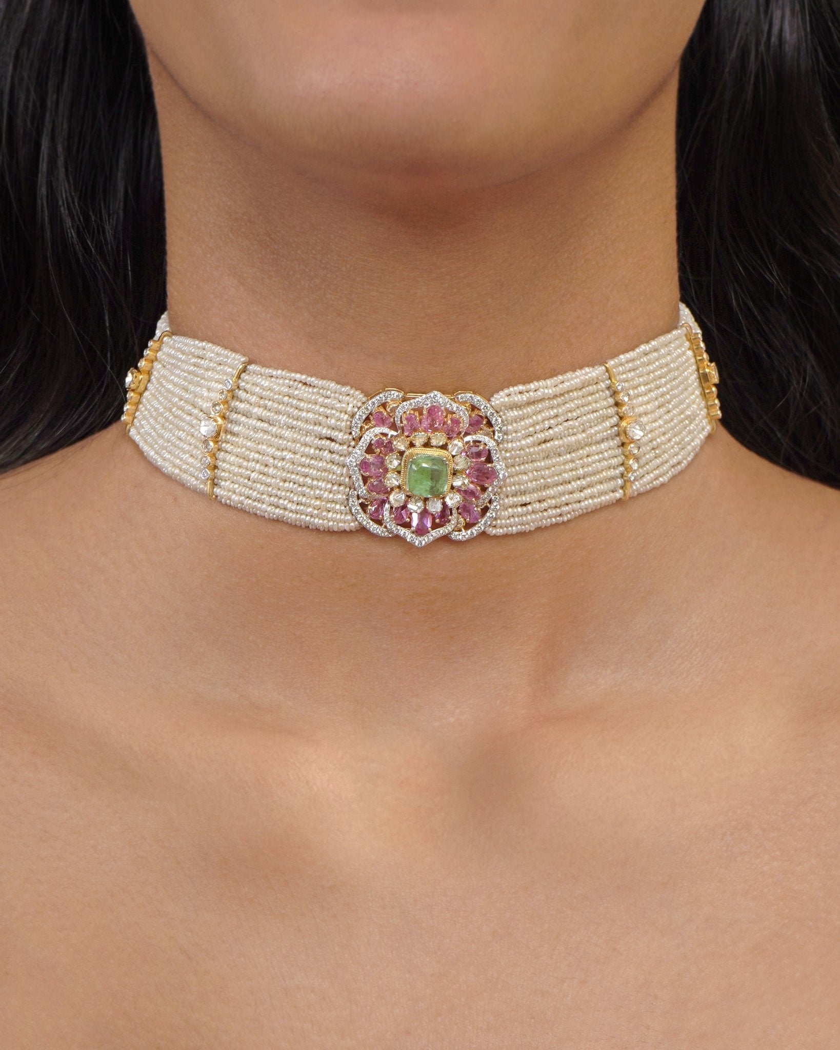 Rose Eclat Choker in gold with layered Polki rows and a ruby-emerald floral centrepiece