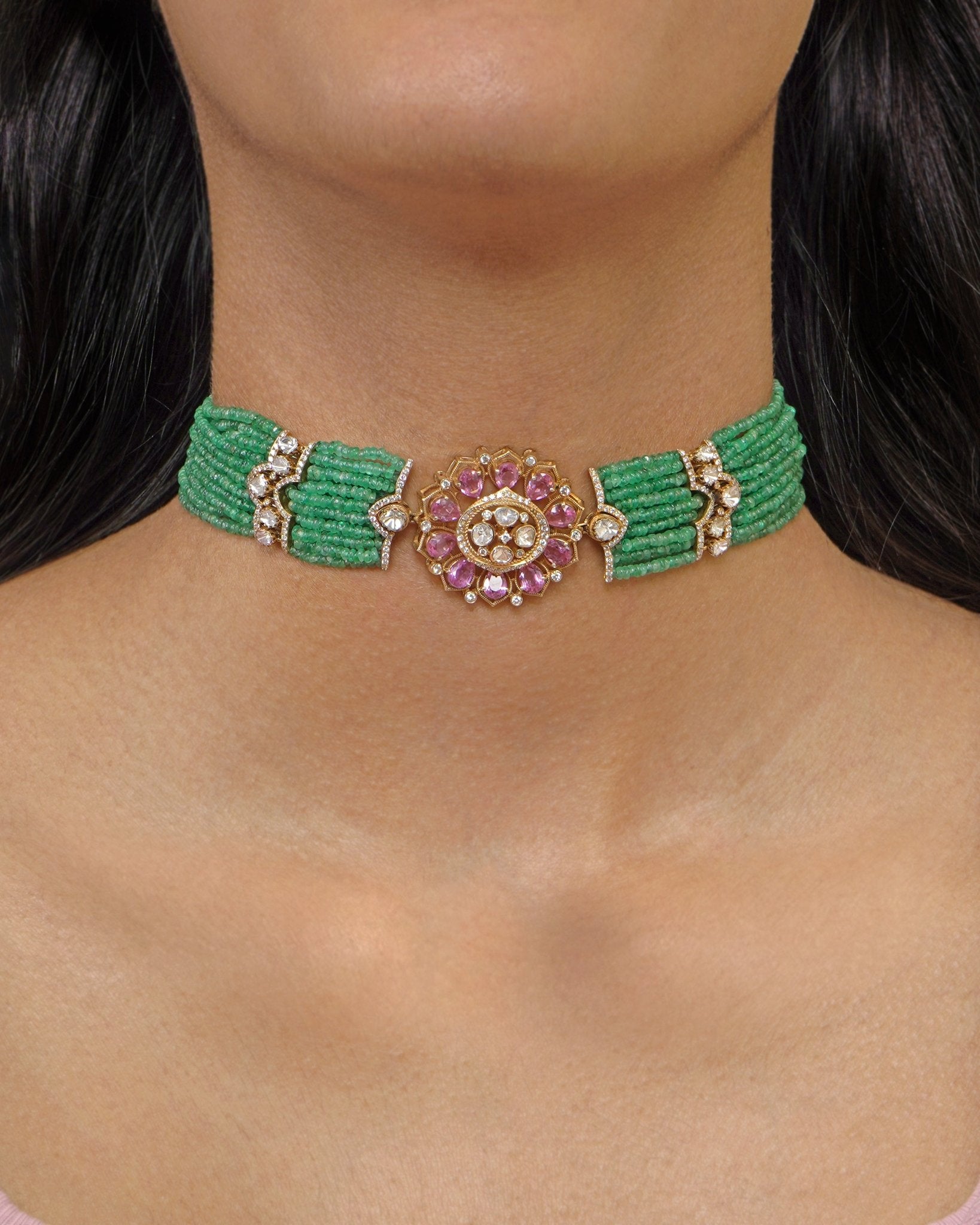 Sereia Polki Choker in 14k gold with emerald beads and a Polki floral centrepiece