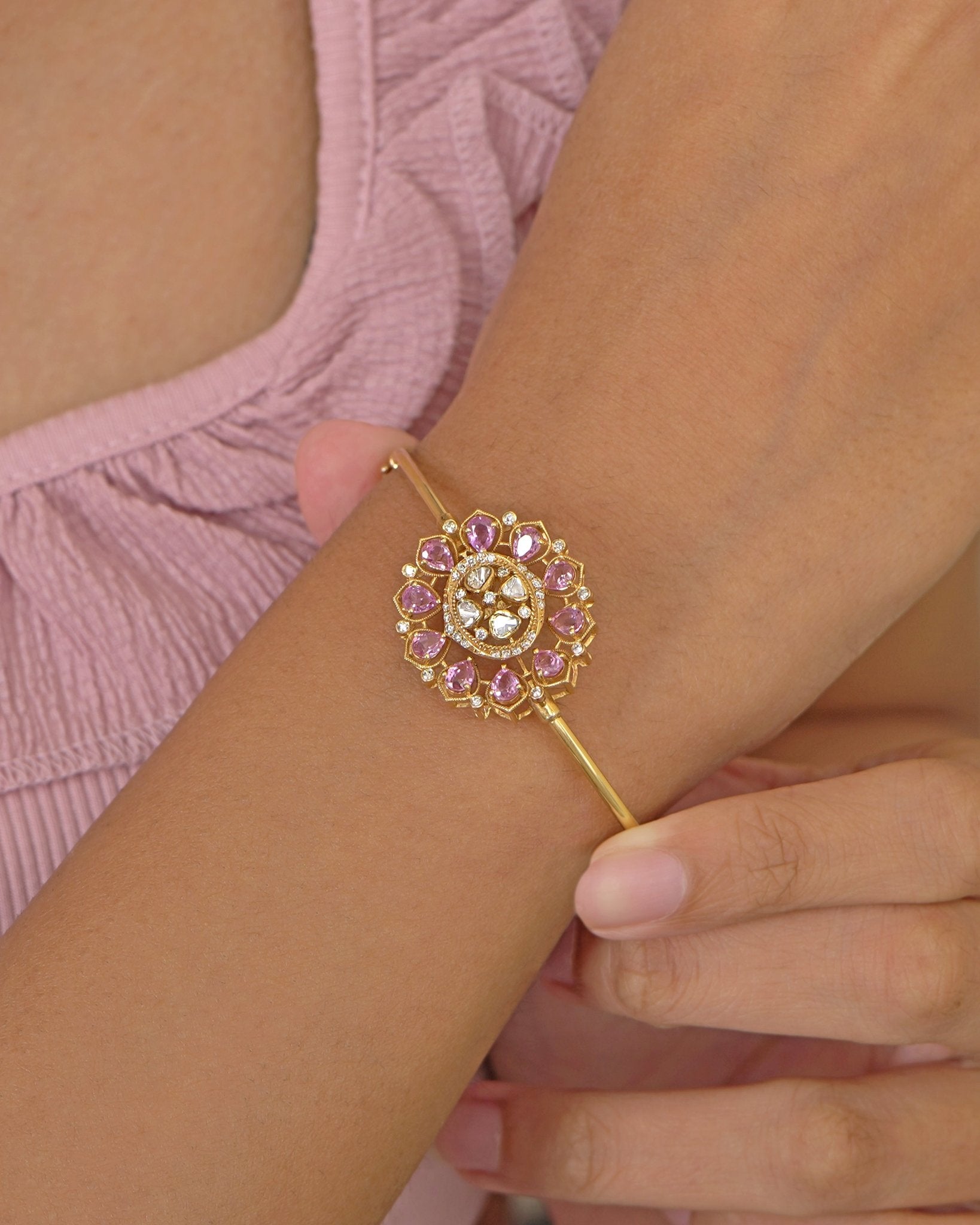 Sereia Fleur Bangle in gold with a Polki floral rosette and ruby-toned enamel detailing