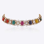 14K gold Navratna Fluttering necklace with vibrant Navratna stones and a Polki border.