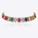 14K gold Navratna Fluttering necklace with vibrant Navratna stones and a Polki border.