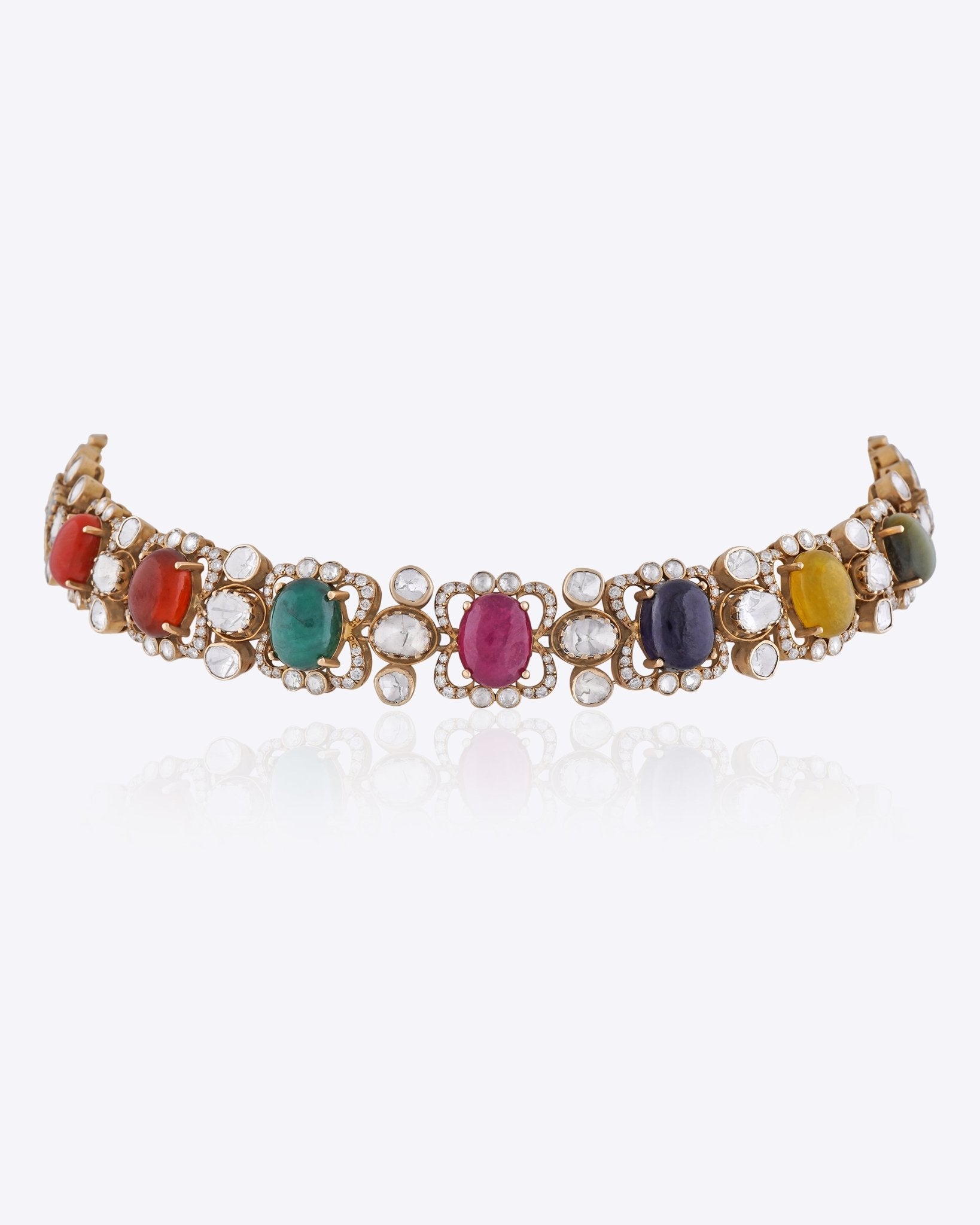 14K gold Navratna Fluttering necklace with vibrant Navratna stones and a Polki border.