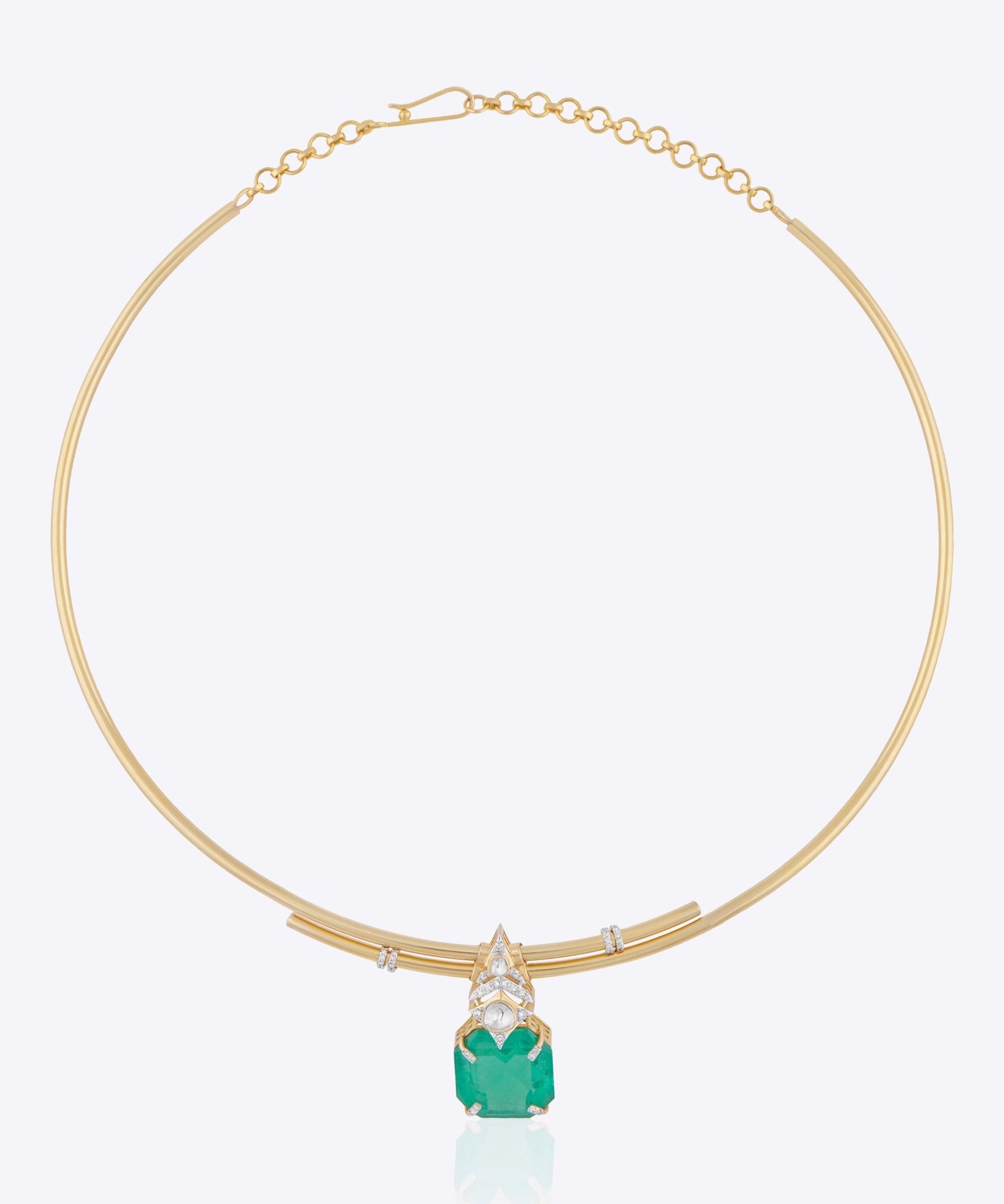 Handcrafted Fern Grace Hasli with 14k gold and fine Polki and aqua-green stone