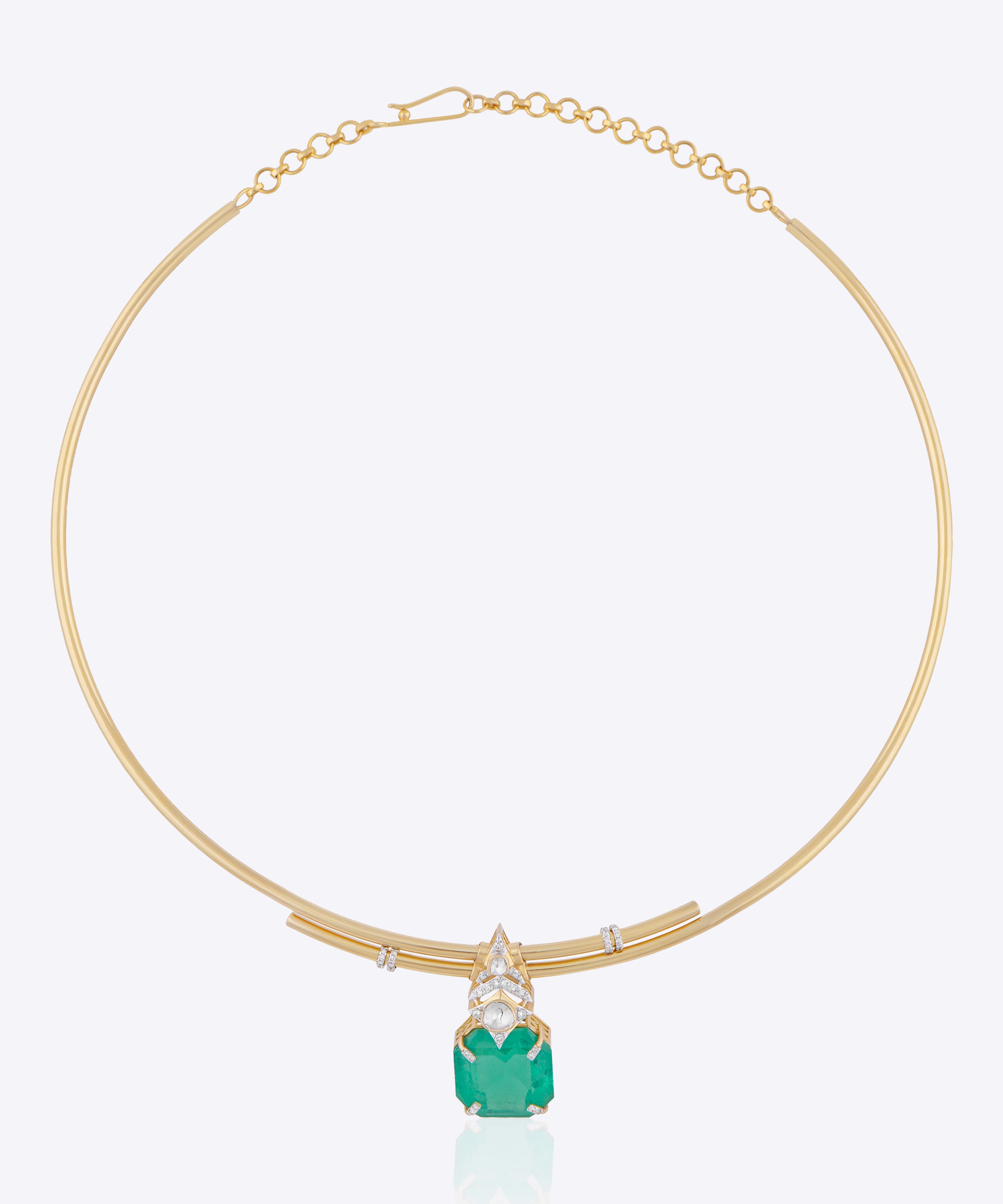 Handcrafted Fern Grace Hasli with 14k gold and fine Polki and aqua-green stone