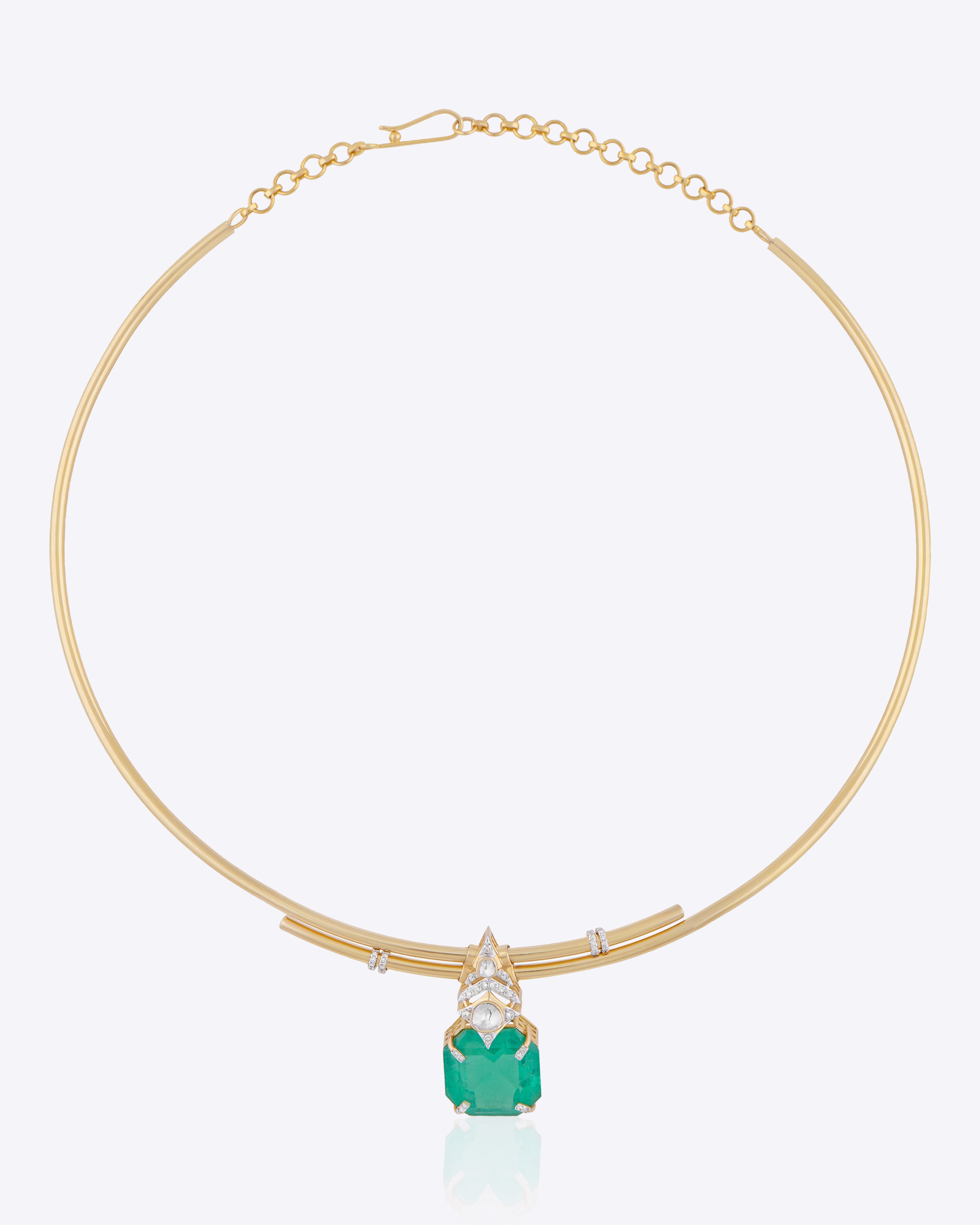 Handcrafted Fern Grace Hasli with 14k gold and fine Polki and aqua-green stone