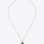 14k gold necklace with an Evil Eye and Hamsa symbol in diamonds