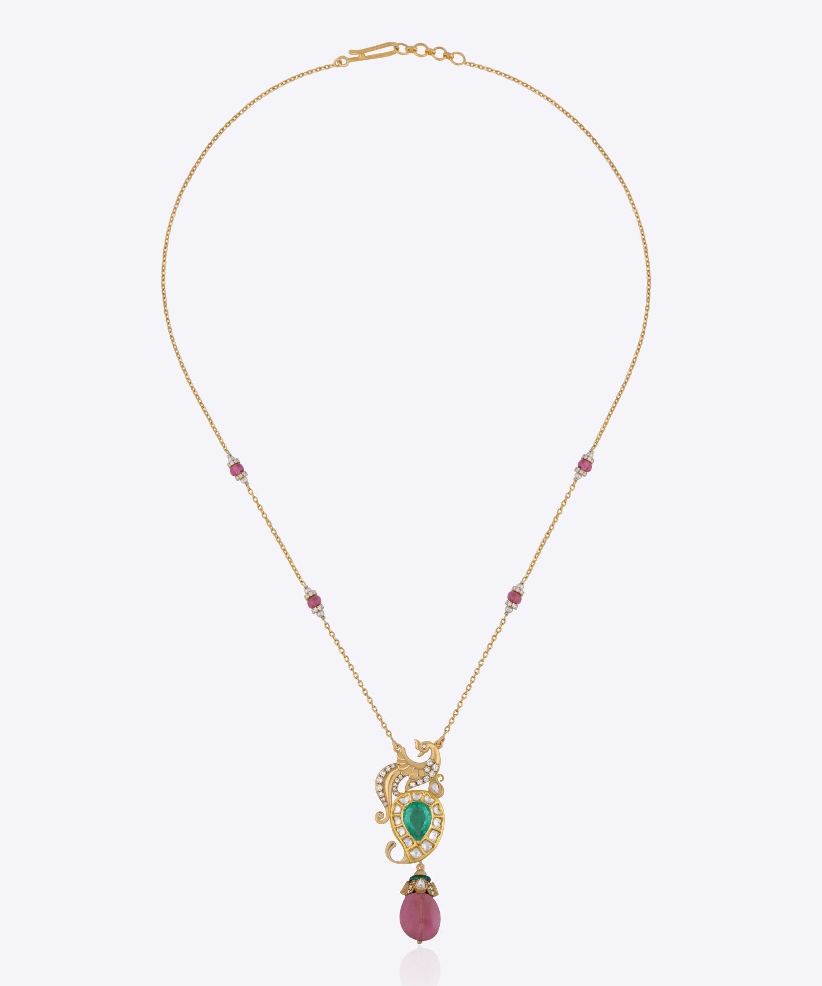 Rose Aura Pendant with handcrafted fine Polki and pink gemstone drop.