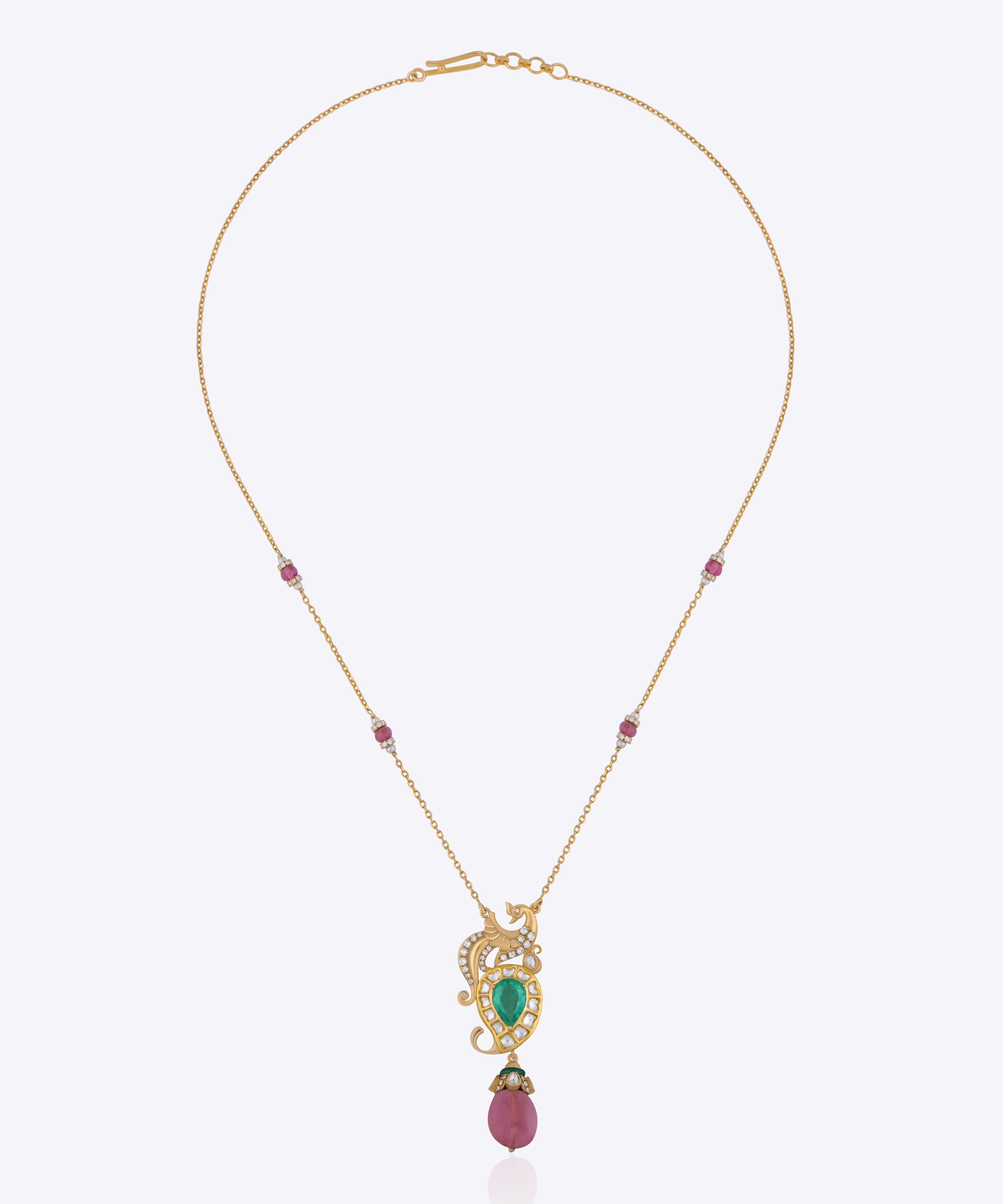 Rose Aura Pendant with handcrafted fine Polki and pink gemstone drop.