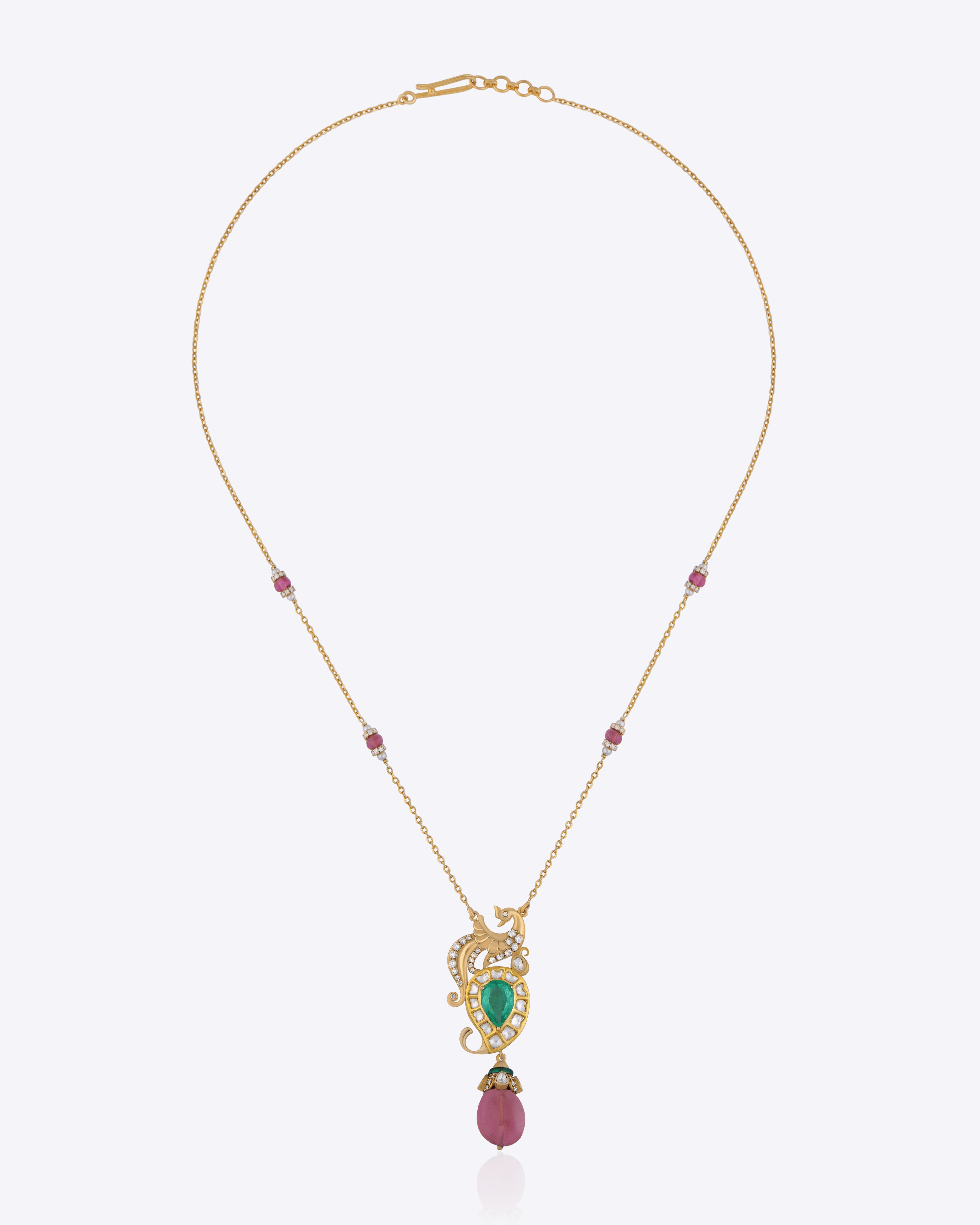 Rose Aura Pendant with handcrafted fine Polki and pink gemstone drop.