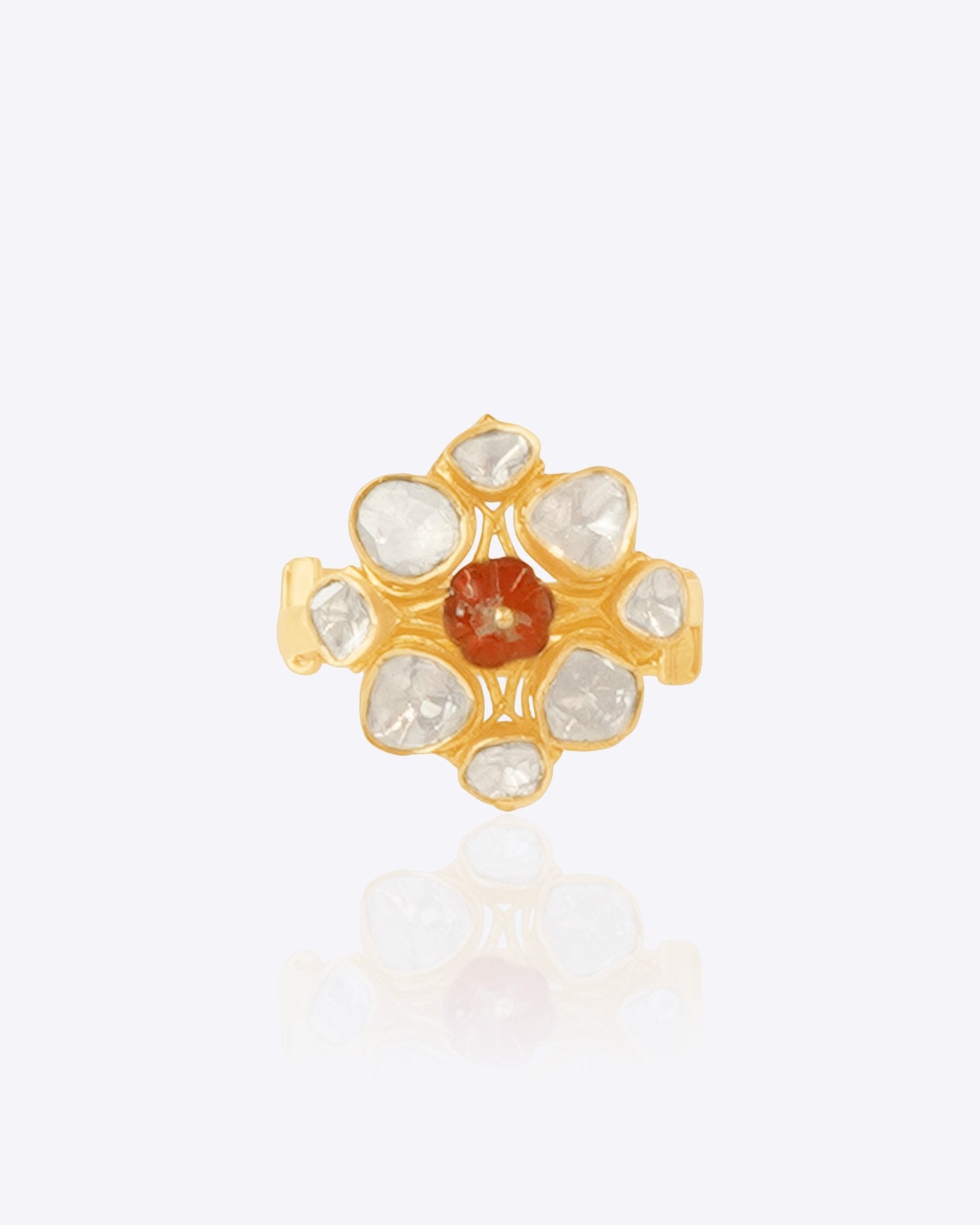 14K gold ring with Polki diamonds and pink tourmaline center