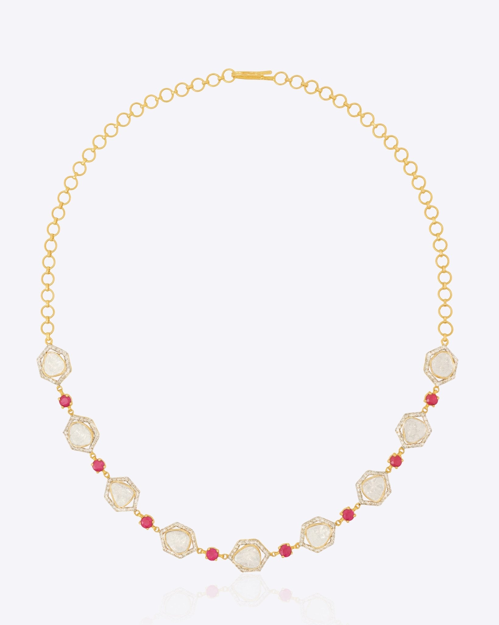 Starlight Rose Necklace in 18K gold with faceted stones and a ruby accent