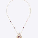 Gold fan-shaped pendant necklace with pearl drop, pink enamel and Polki-Jadau detailing