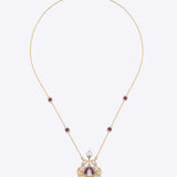 Gold fan-shaped pendant necklace with pearl drop, pink enamel and Polki-Jadau detailing