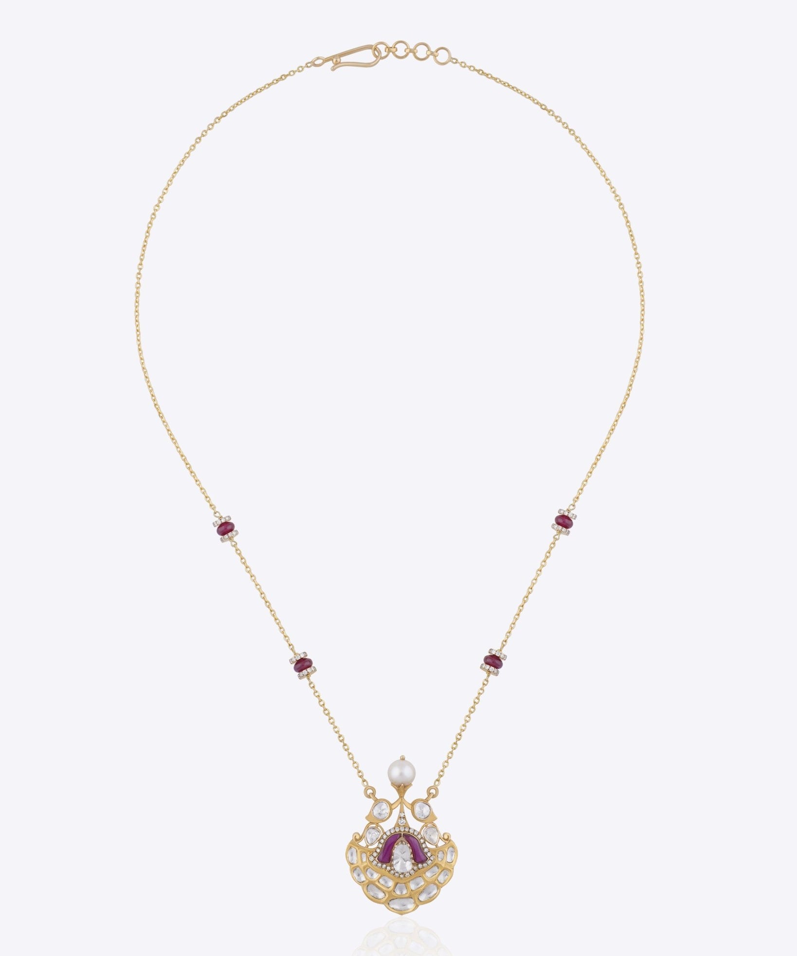 Gold fan-shaped pendant necklace with pearl drop, pink enamel and Polki-Jadau detailing