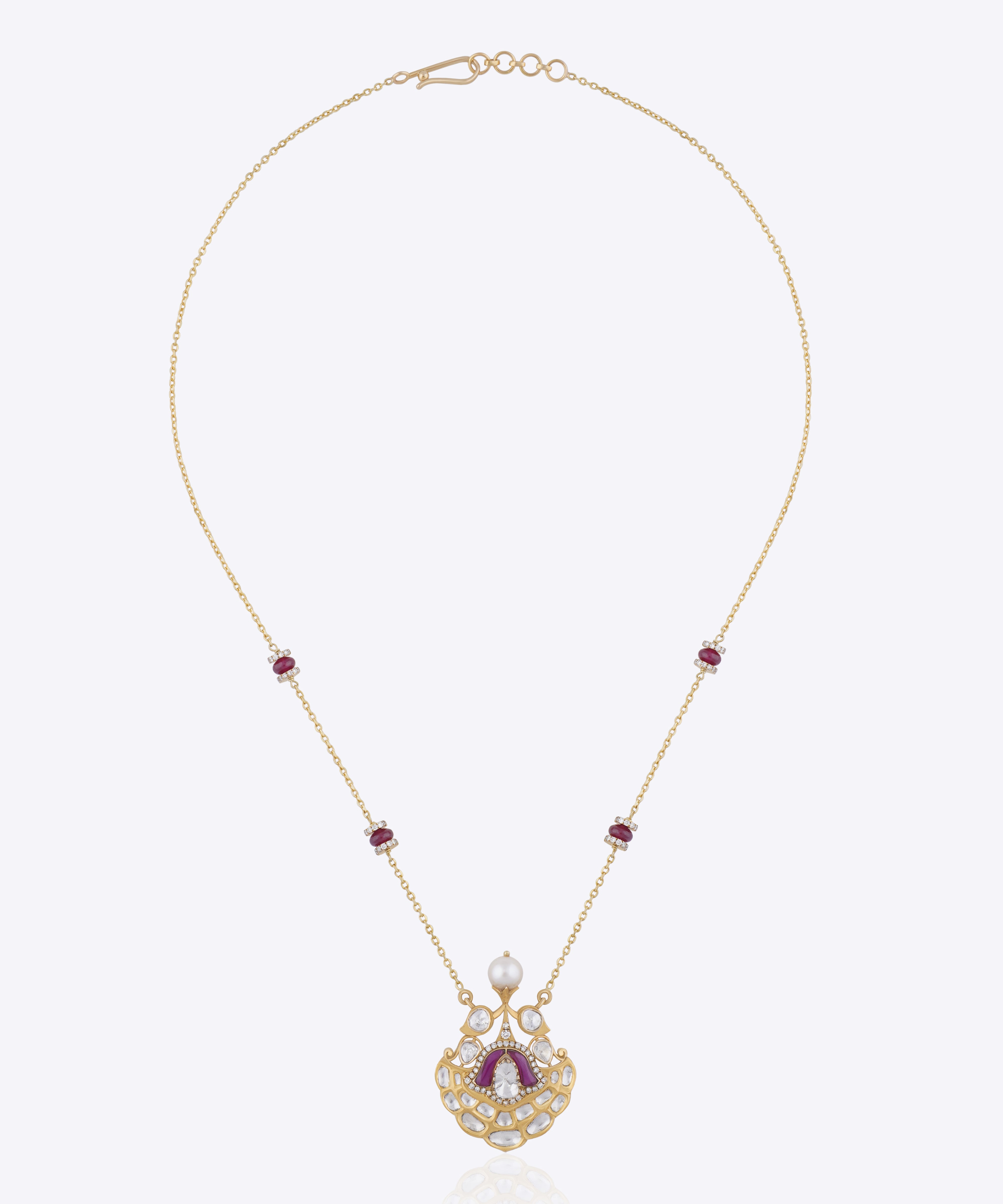 Gold fan-shaped pendant necklace with pearl drop, pink enamel and Polki-Jadau detailing