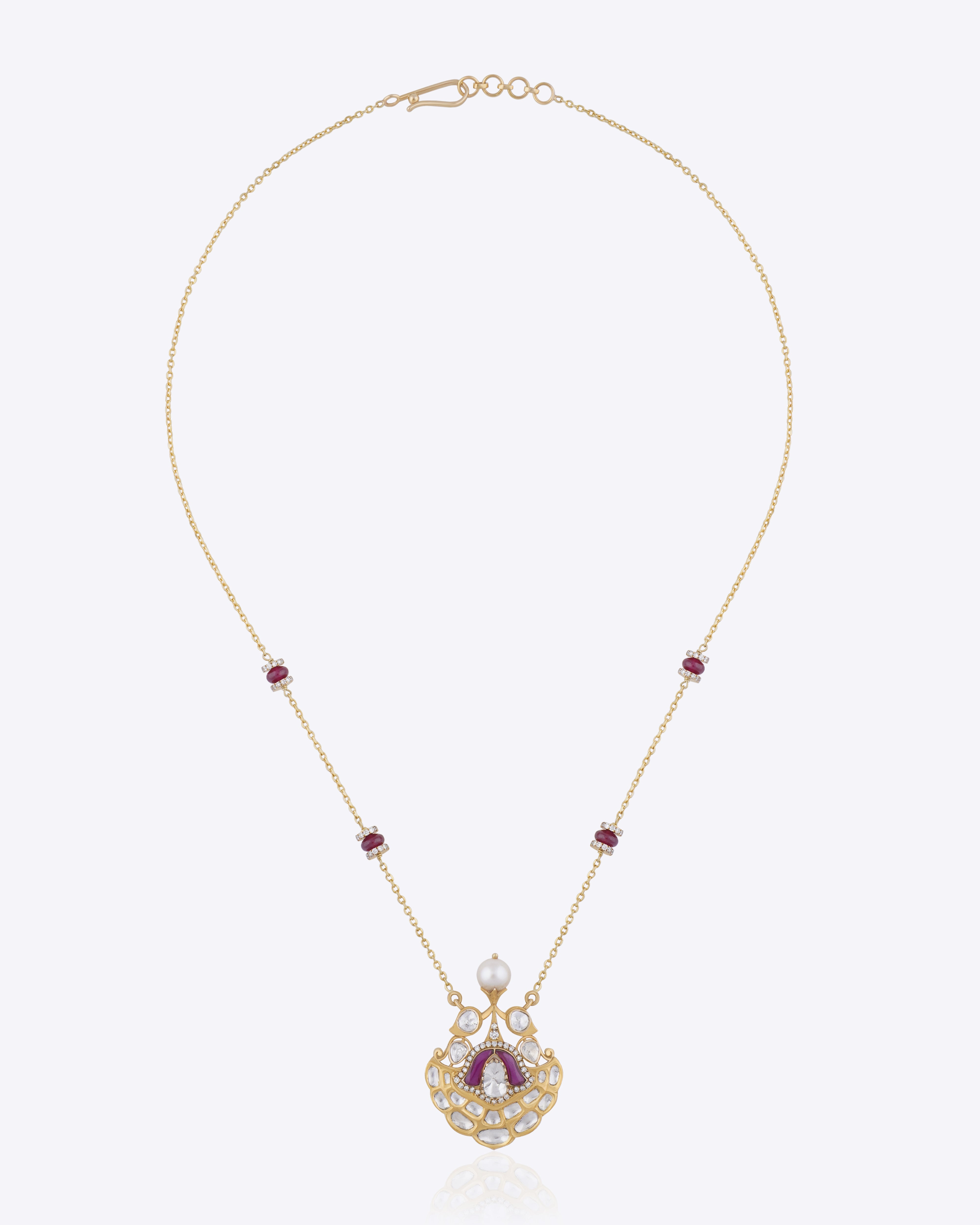 Gold fan-shaped pendant necklace with pearl drop, pink enamel and Polki-Jadau detailing