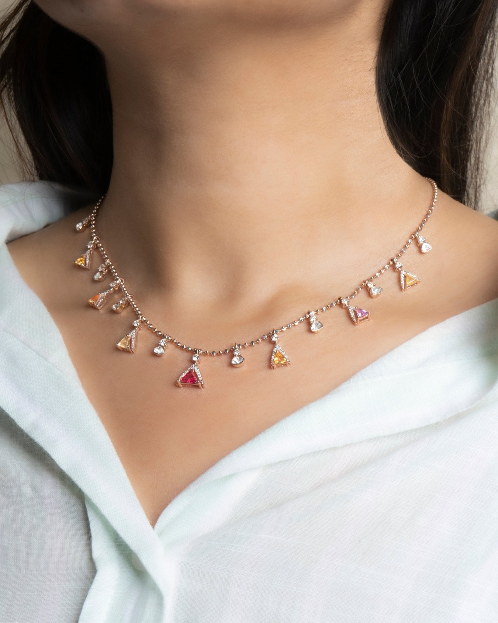 Gemstone Garland Necklace in 14K gold with colourful gemstones and Polki drops.