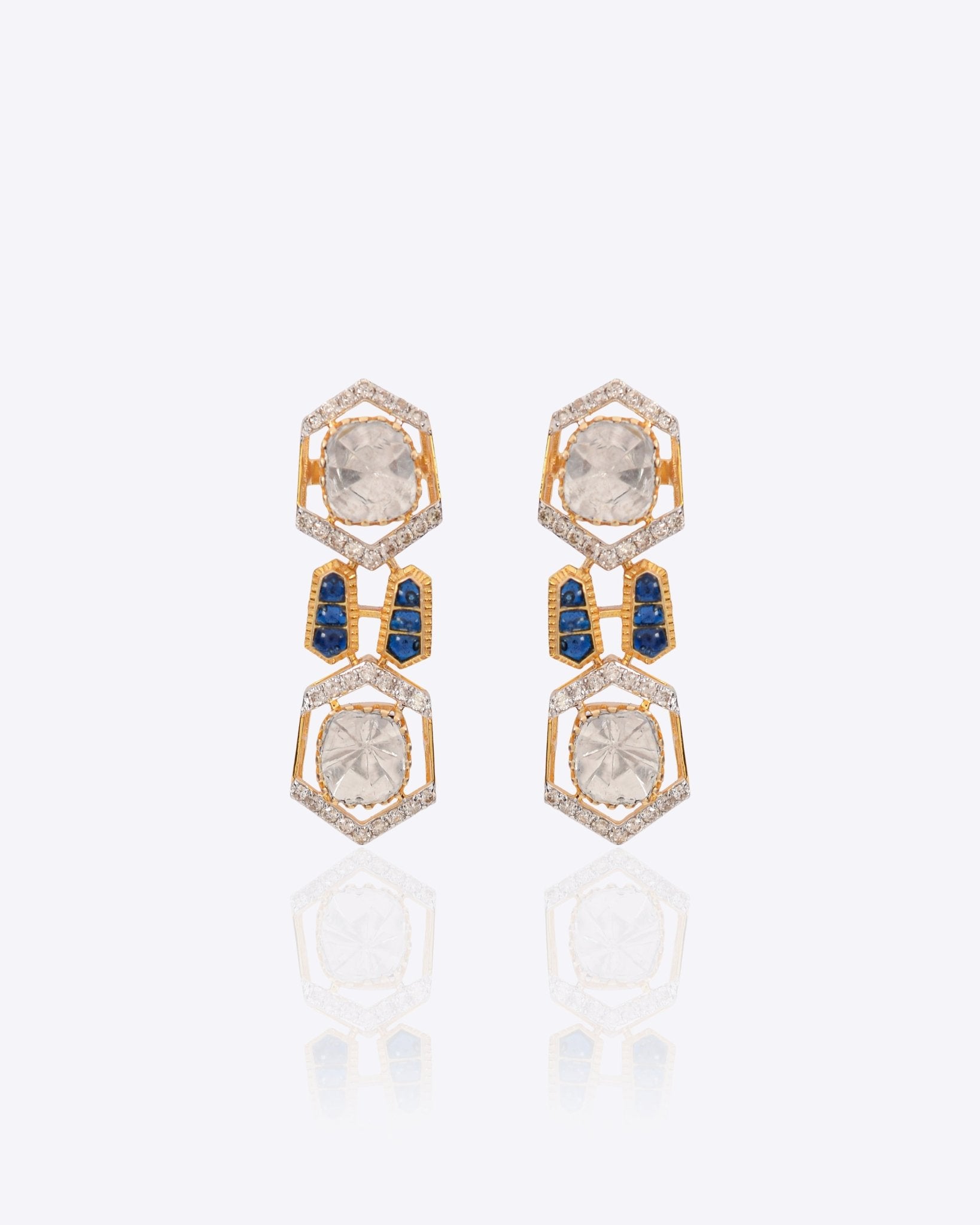 18K gold hexagonal earrings with Polki and vibrant talaf stone accents.