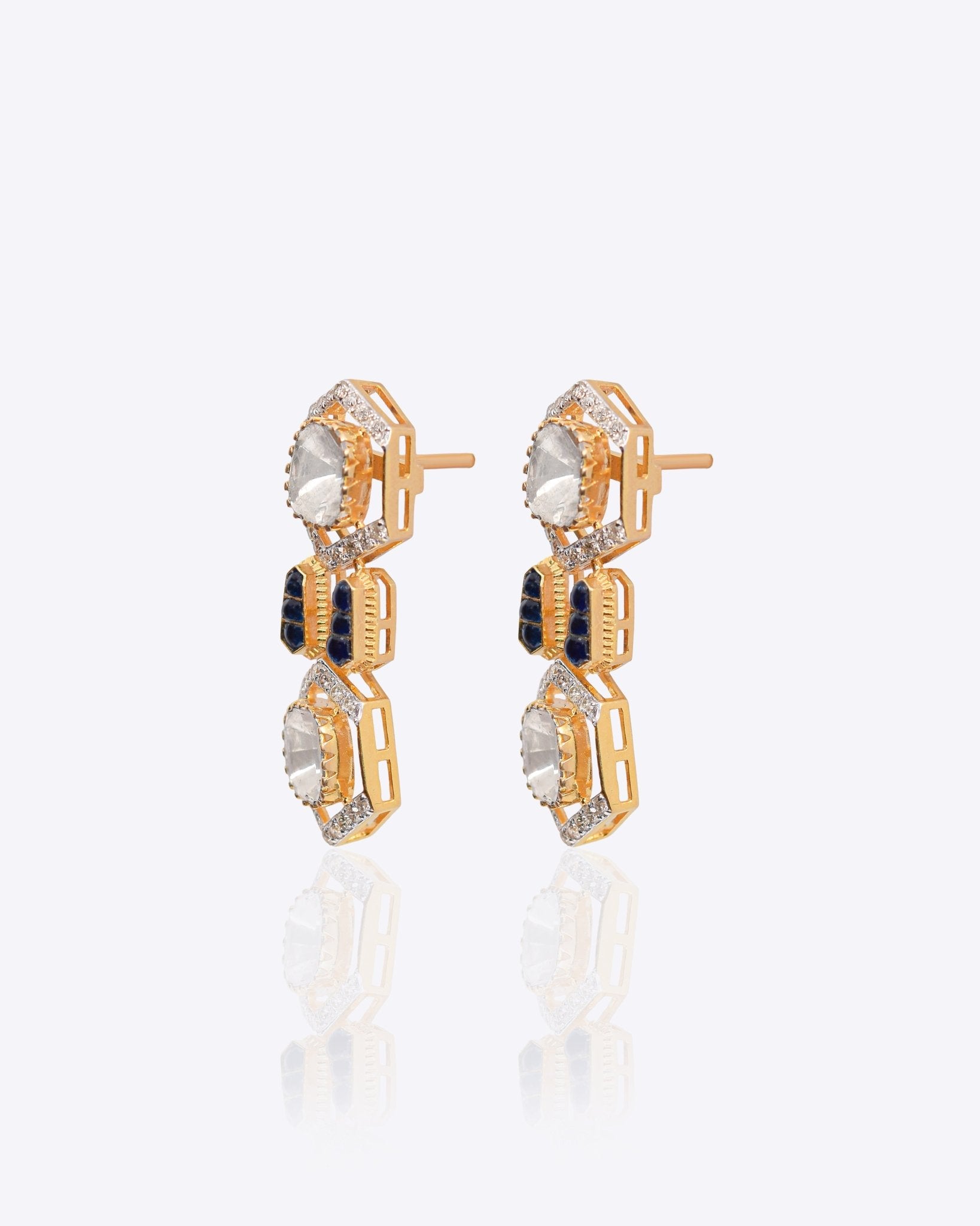 18K gold hexagonal earrings with Polki and vibrant talaf stone accents.