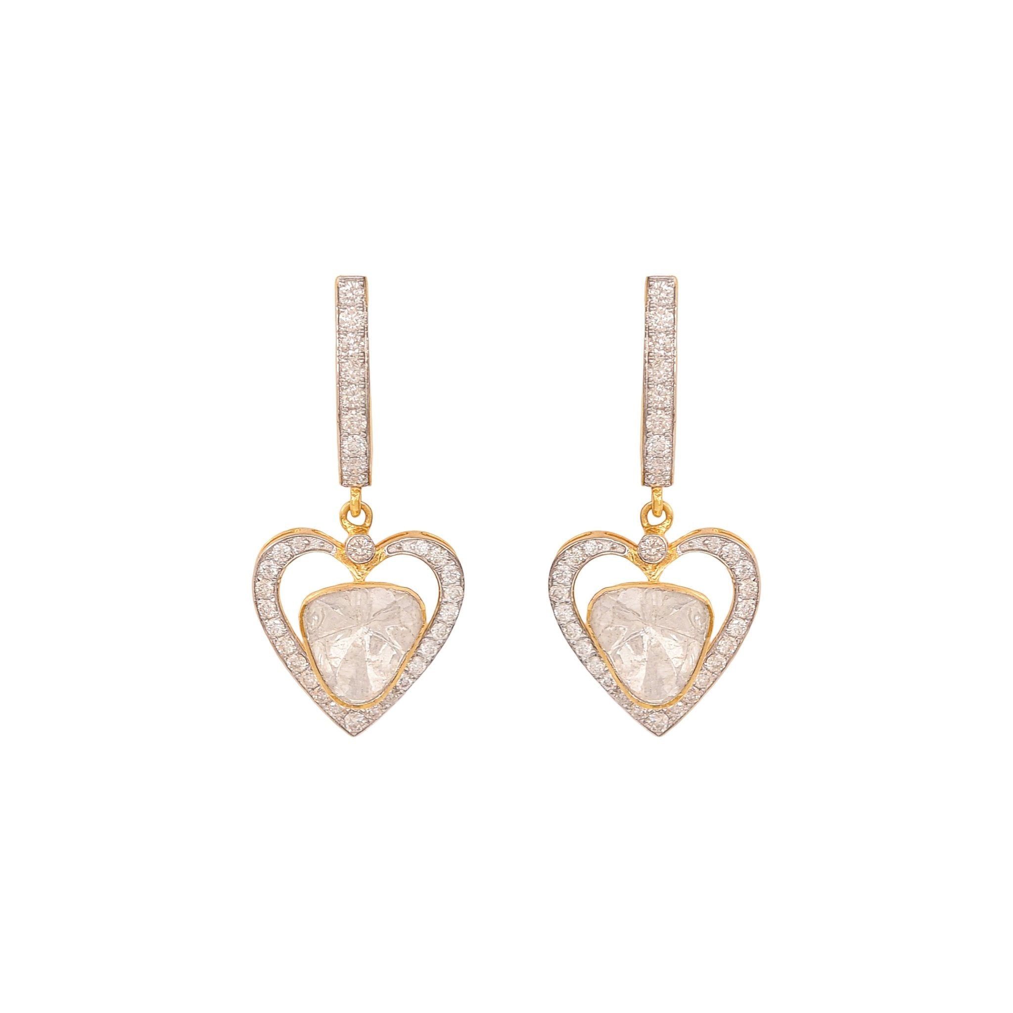 Jewellery image of Queen's Heart earrings with heart-cut stones and Jaipur Polki diamonds.