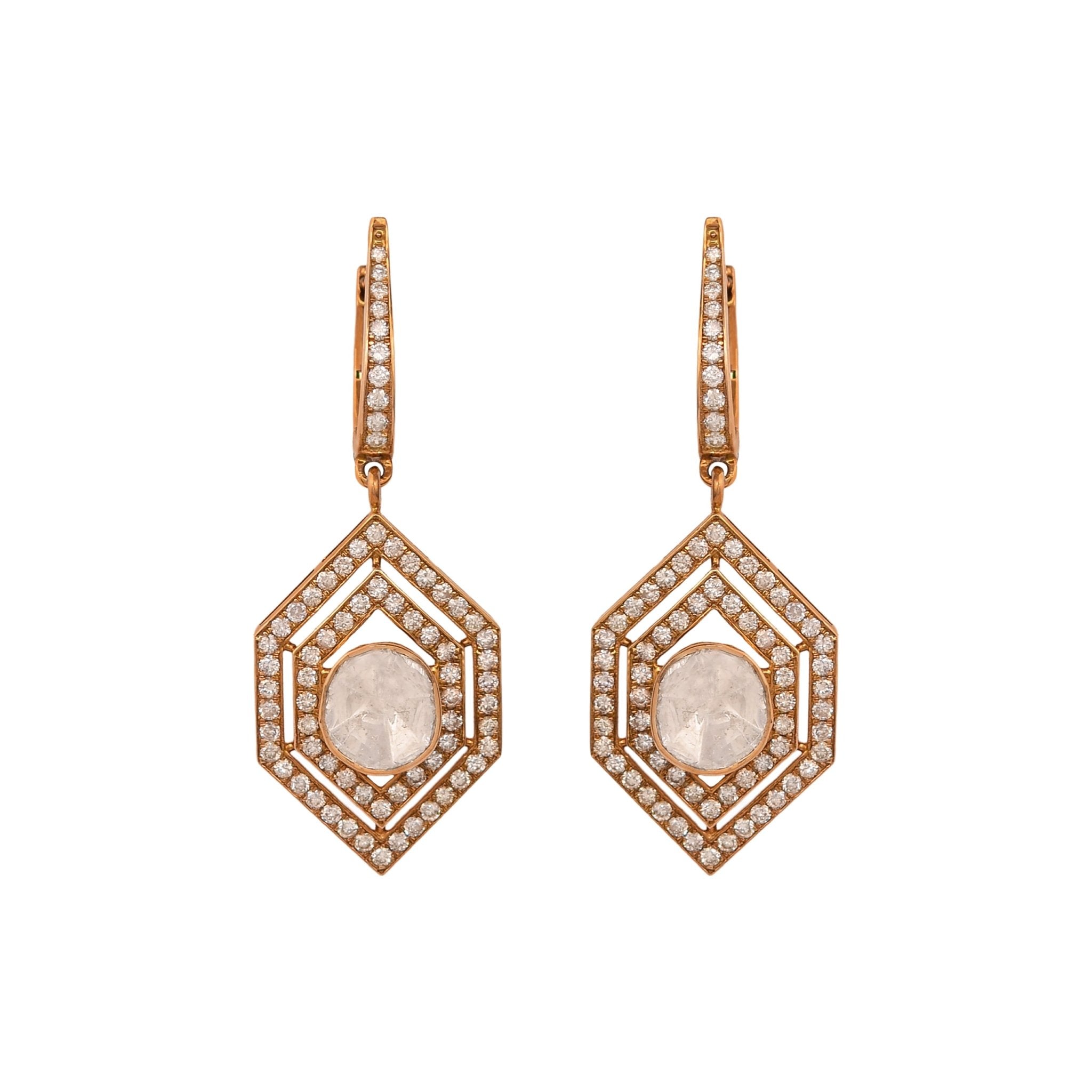 Hexagon-shaped 14K gold drop earrings set with Polki diamonds, a minimal statement pair.