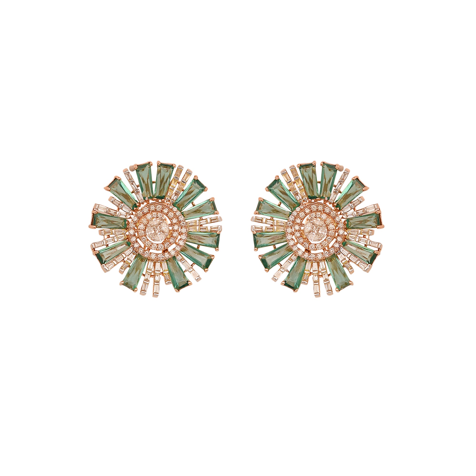 Snowflake-shaped Polki earrings in 14K gold with vibrant green stone accents.