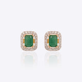 Rectangular stud earrings with a green center stone and diamonds