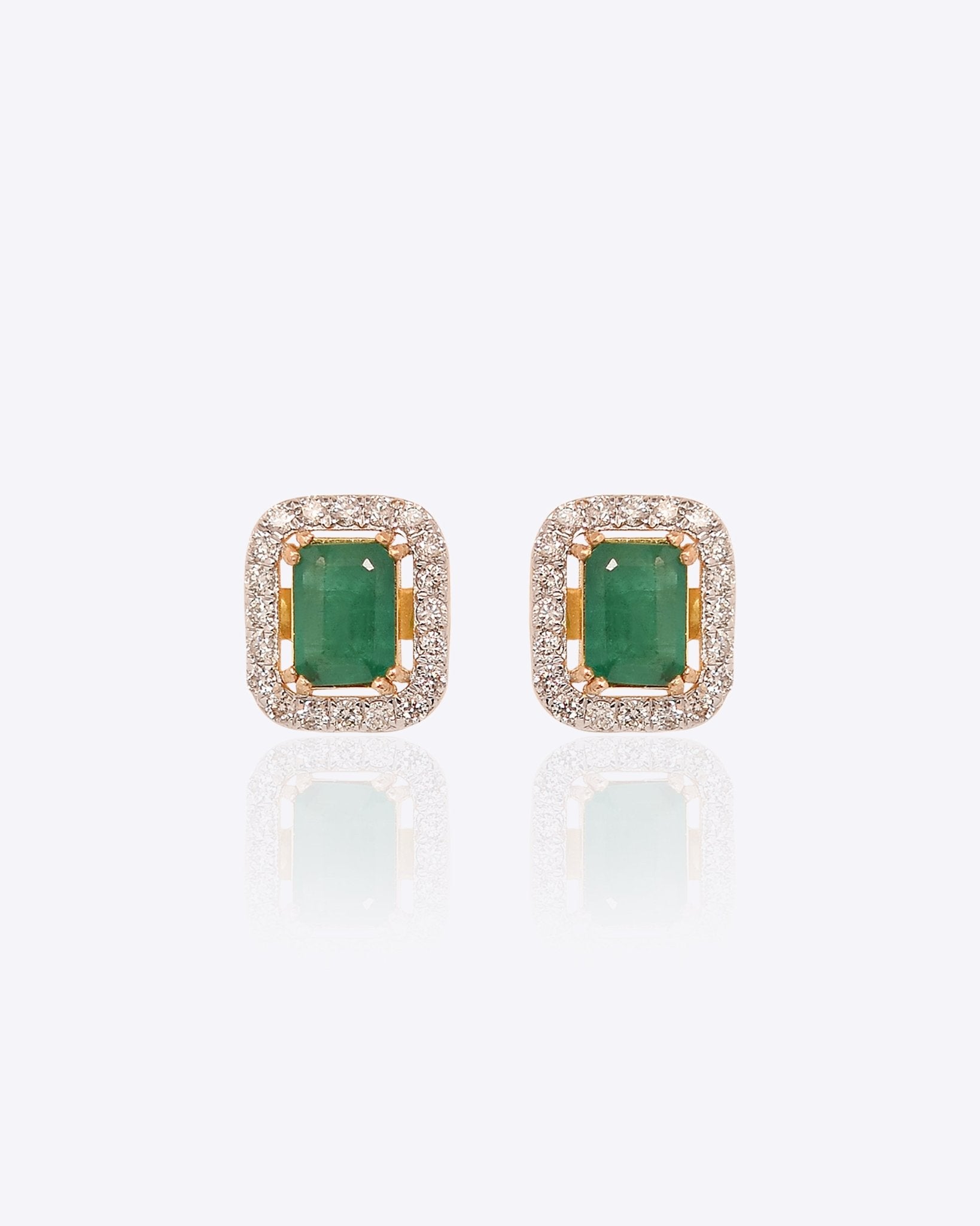 Rectangular stud earrings with a green center stone and diamonds