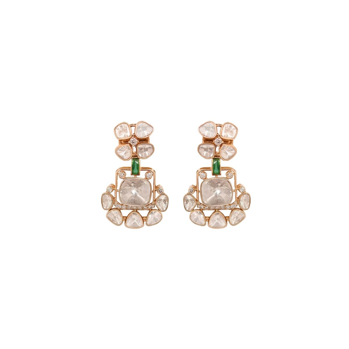 14k gold floral earrings with Polki, diamonds, and green enamel accents