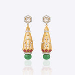 14K gold earrings with a hexagonal Polki diamond medallion and lattice cage