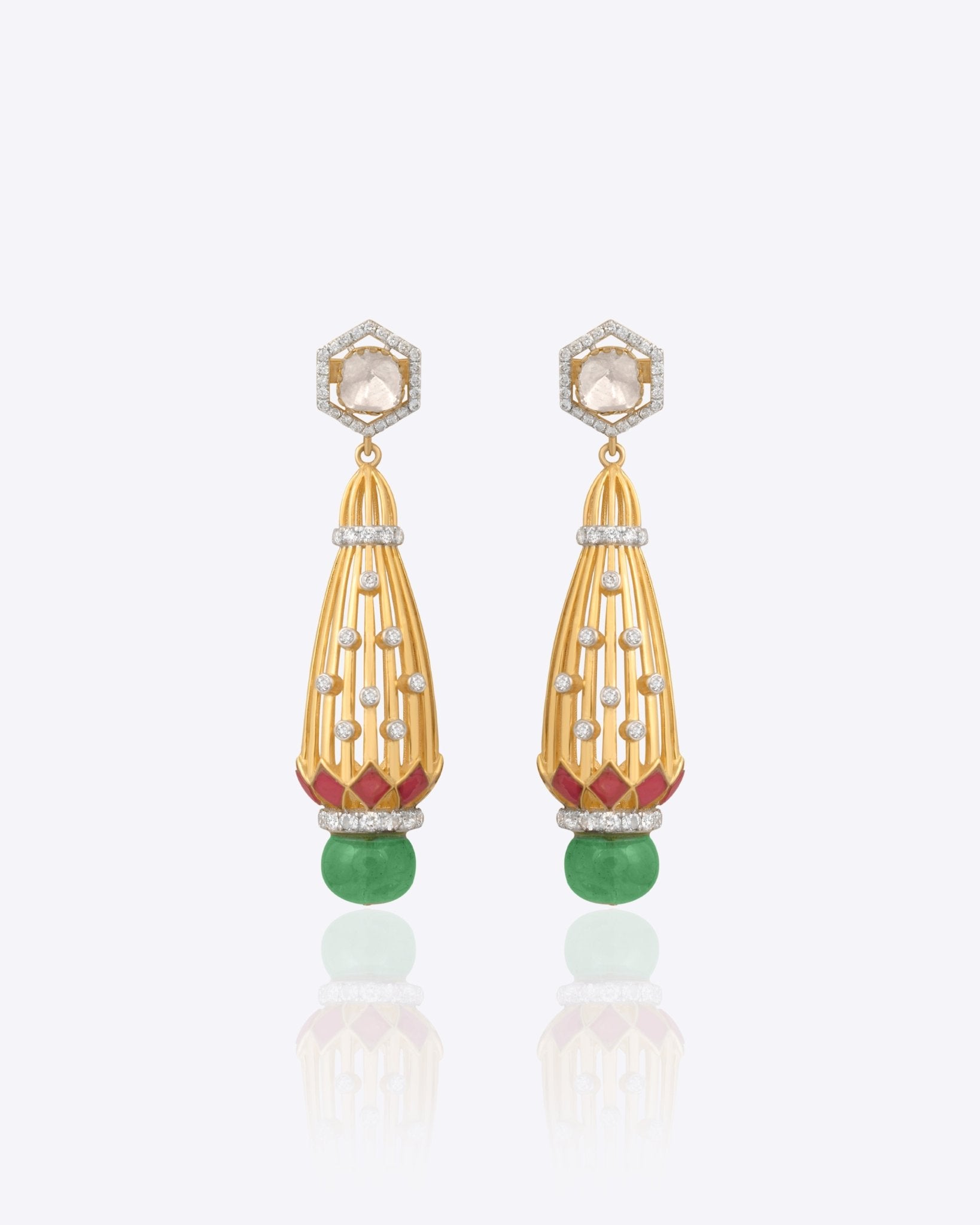 14K gold earrings with a hexagonal Polki diamond medallion and lattice cage