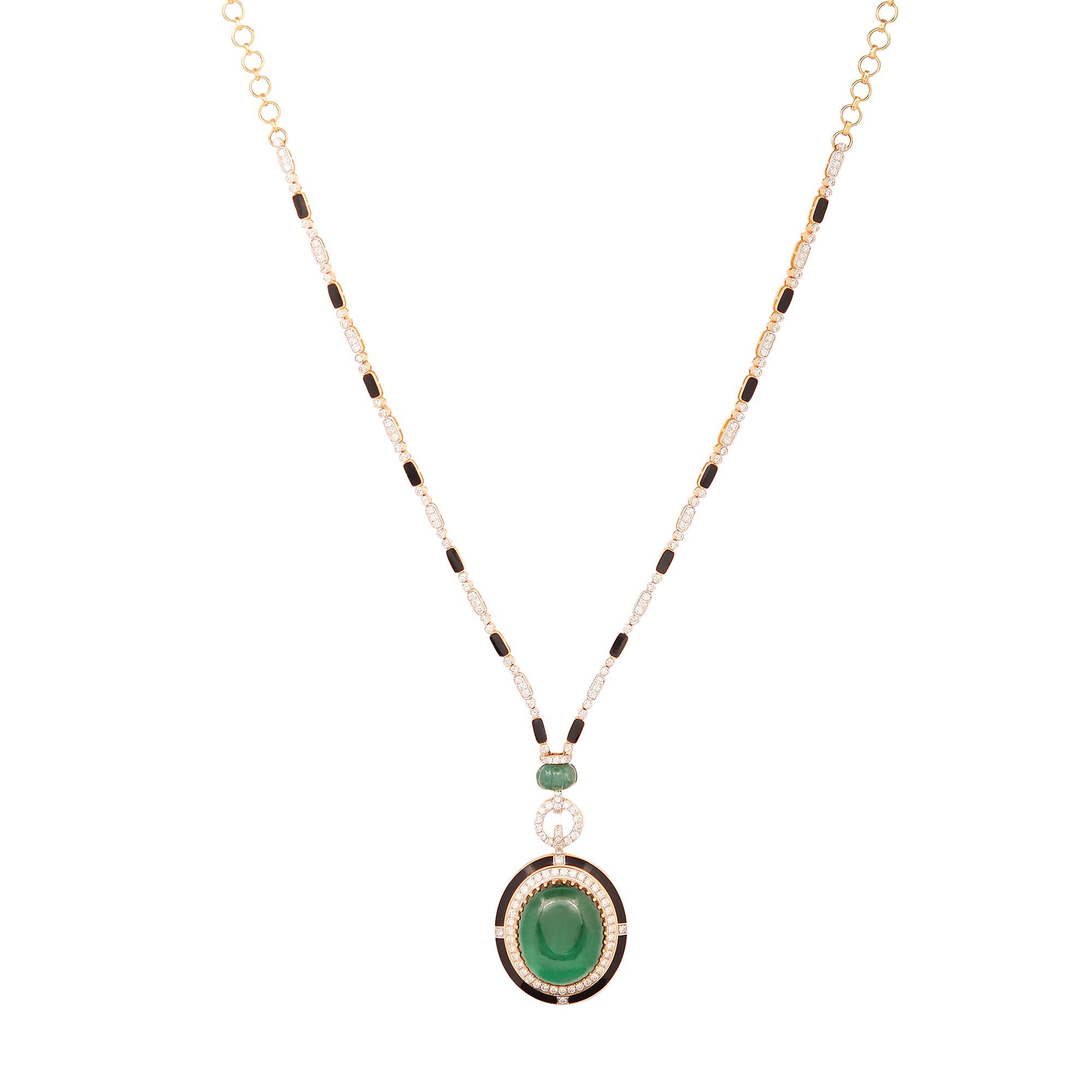 18K gold necklace with an emerald centerpiece, black enamel, and diamonds.