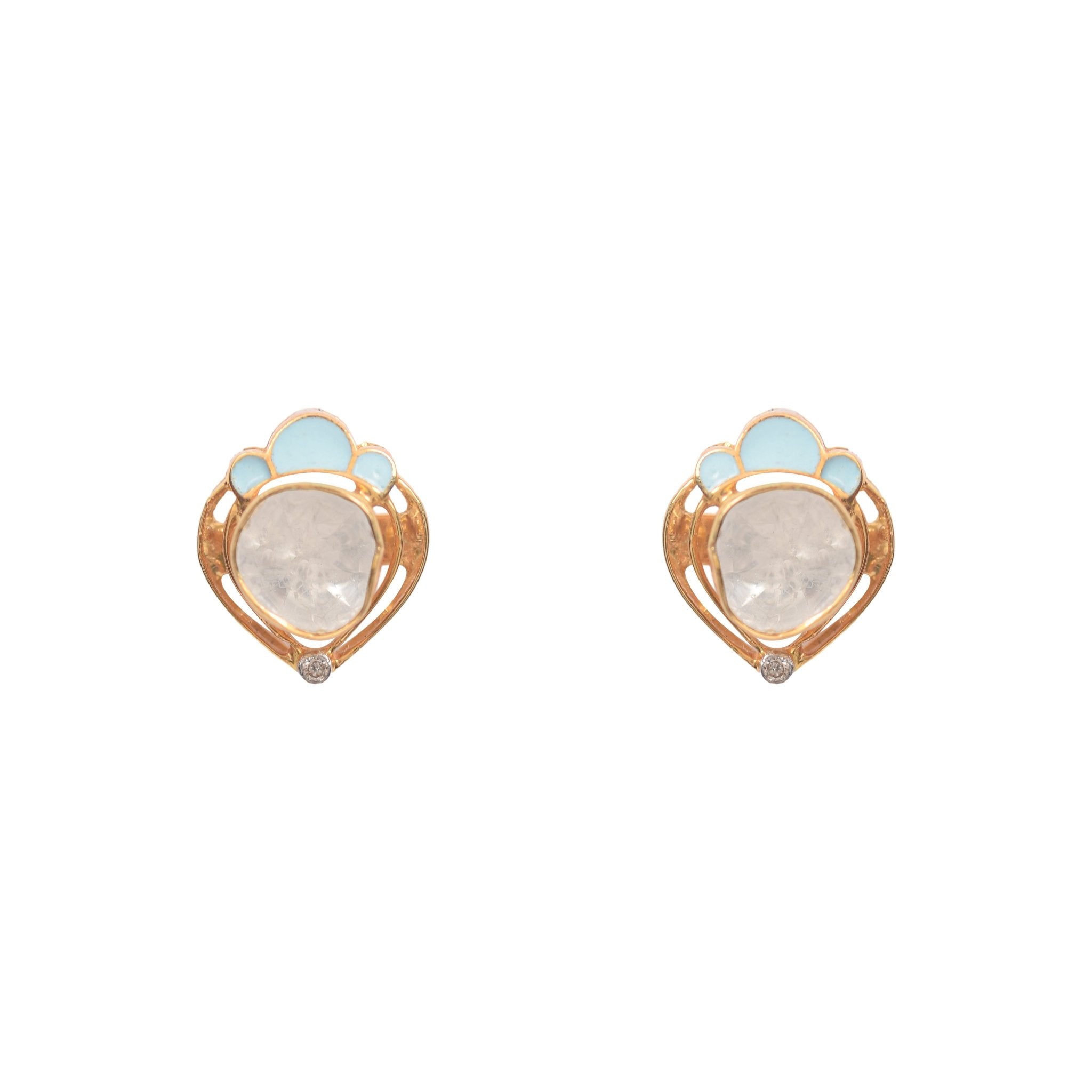18k gold earrings with pastel blue enamel and sparkling Polki diamond accents.