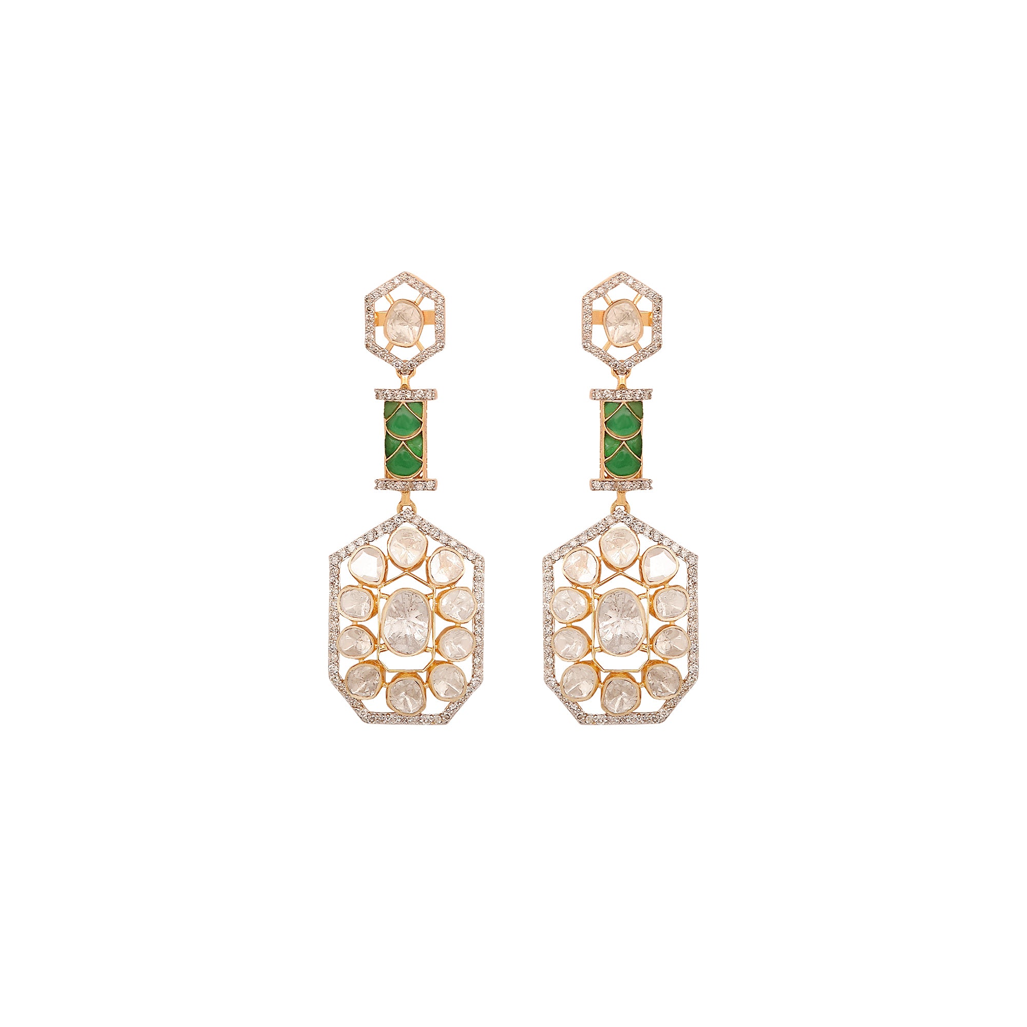 18K gold earrings with green stones, Polki flowers, and diamonds.
