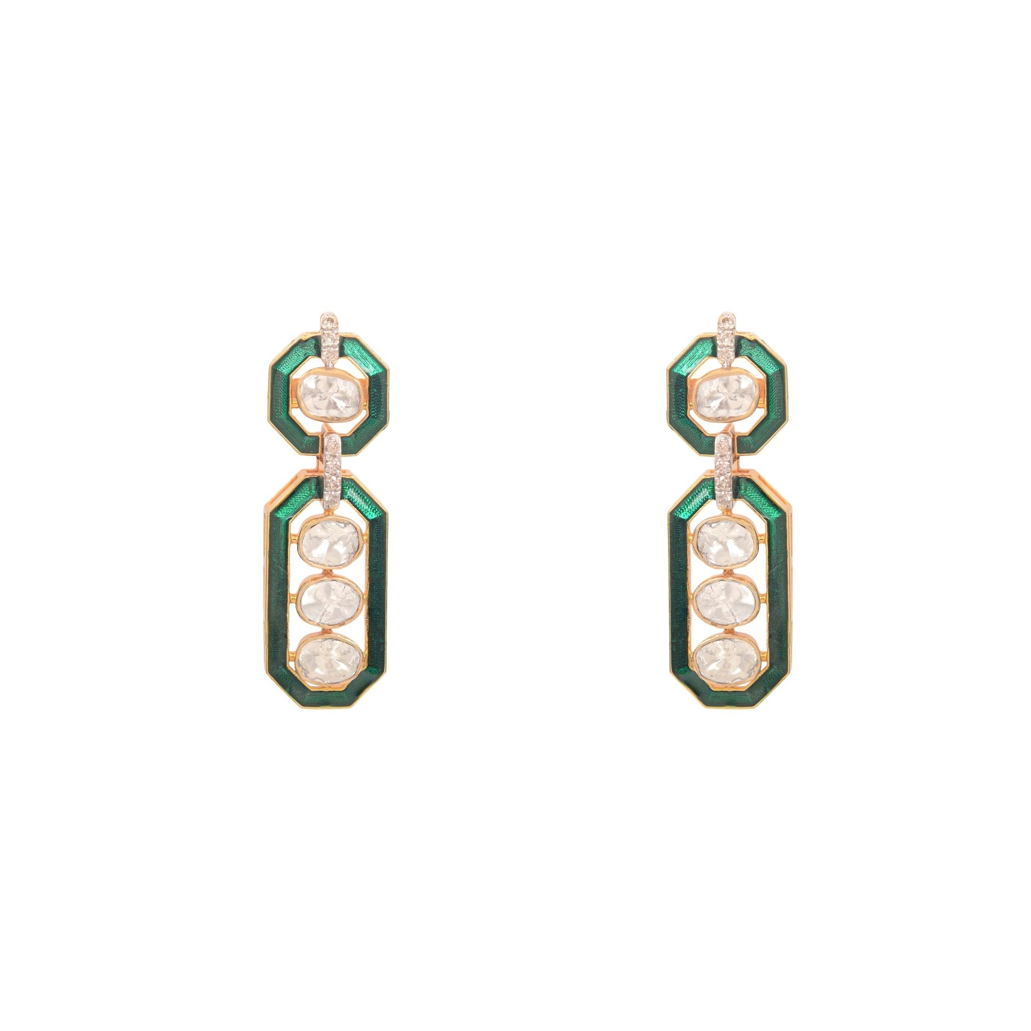 Green enamel and Polki diamond earrings in a sleek 14k gold bar design.