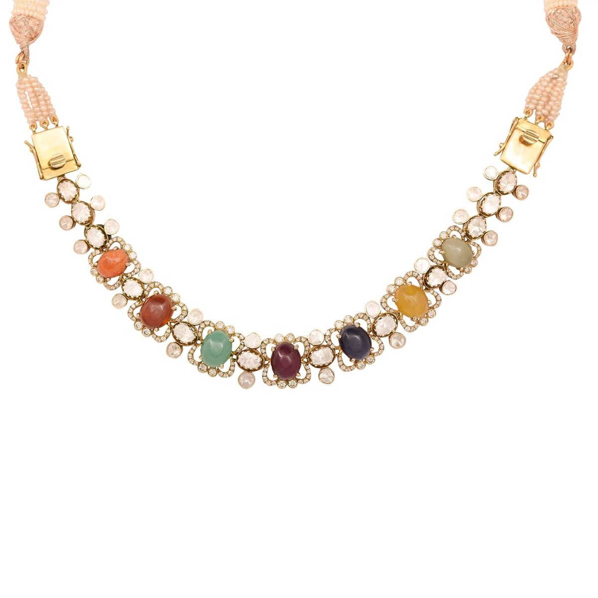 Navratna Fluttering necklace showing the 9-gem concept and handcrafted Indian polki artistry