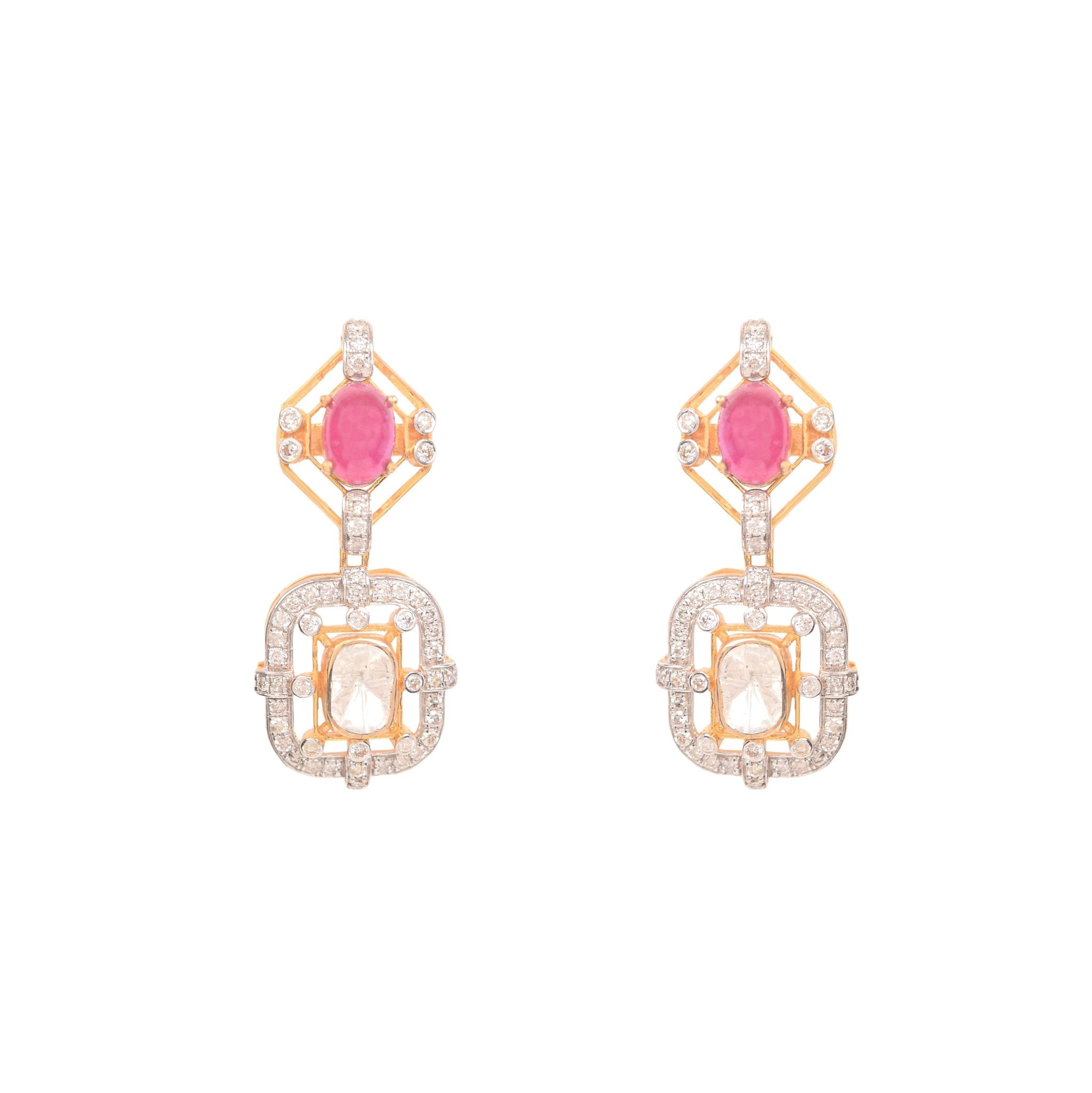 Ruby-claret toned earrings with polki and antique gold work.