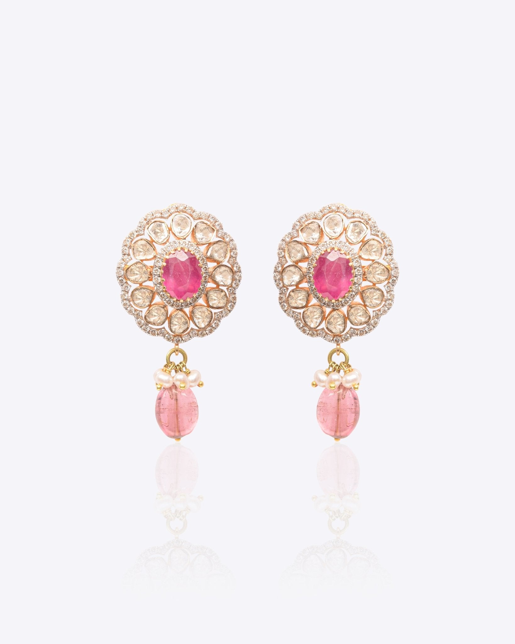 18k gold earrings with Polki diamonds, ruby, and tourmaline