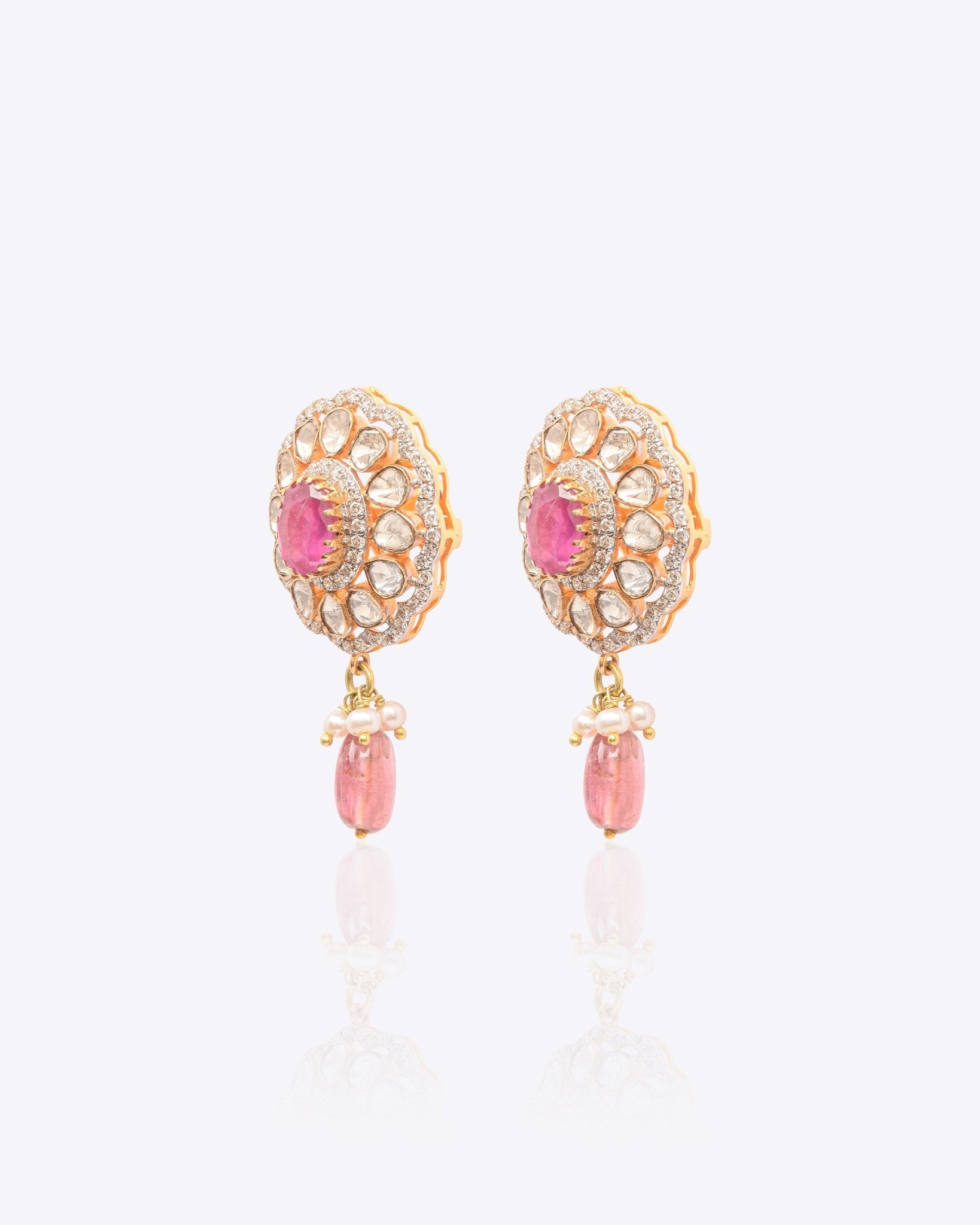 18k gold earrings with Polki diamonds, ruby, and tourmaline