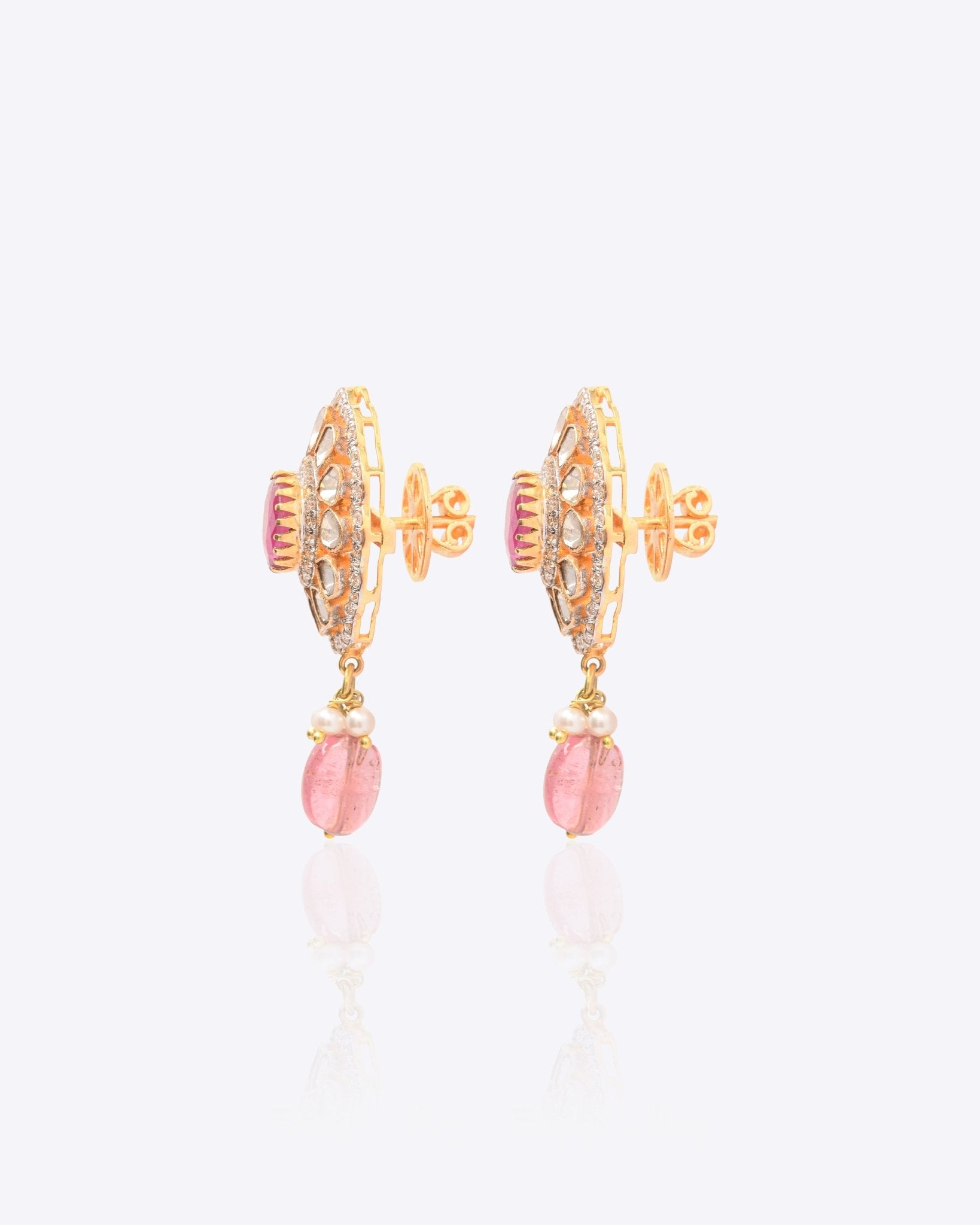 18k gold earrings with Polki diamonds, ruby, and tourmaline