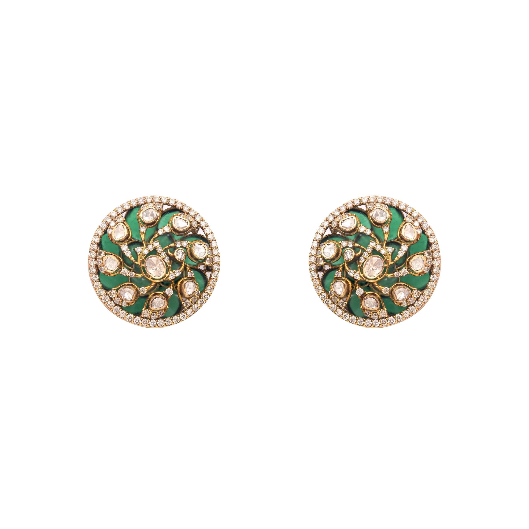 Vibrant green polki studs displayed on botanical-themed backdrop.