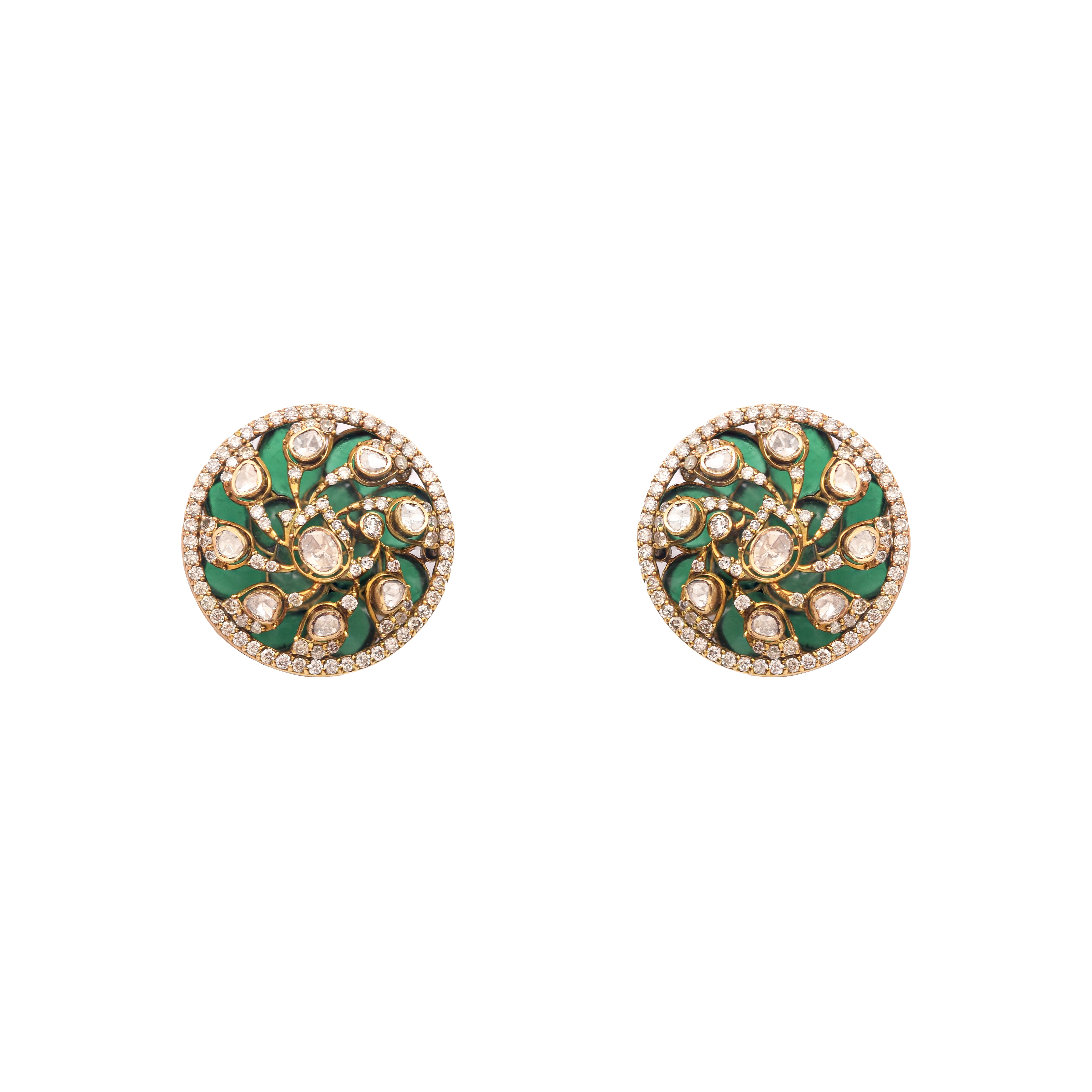 Earrings with polki diamonds and green talaf stones, exuding sophistication and charm.